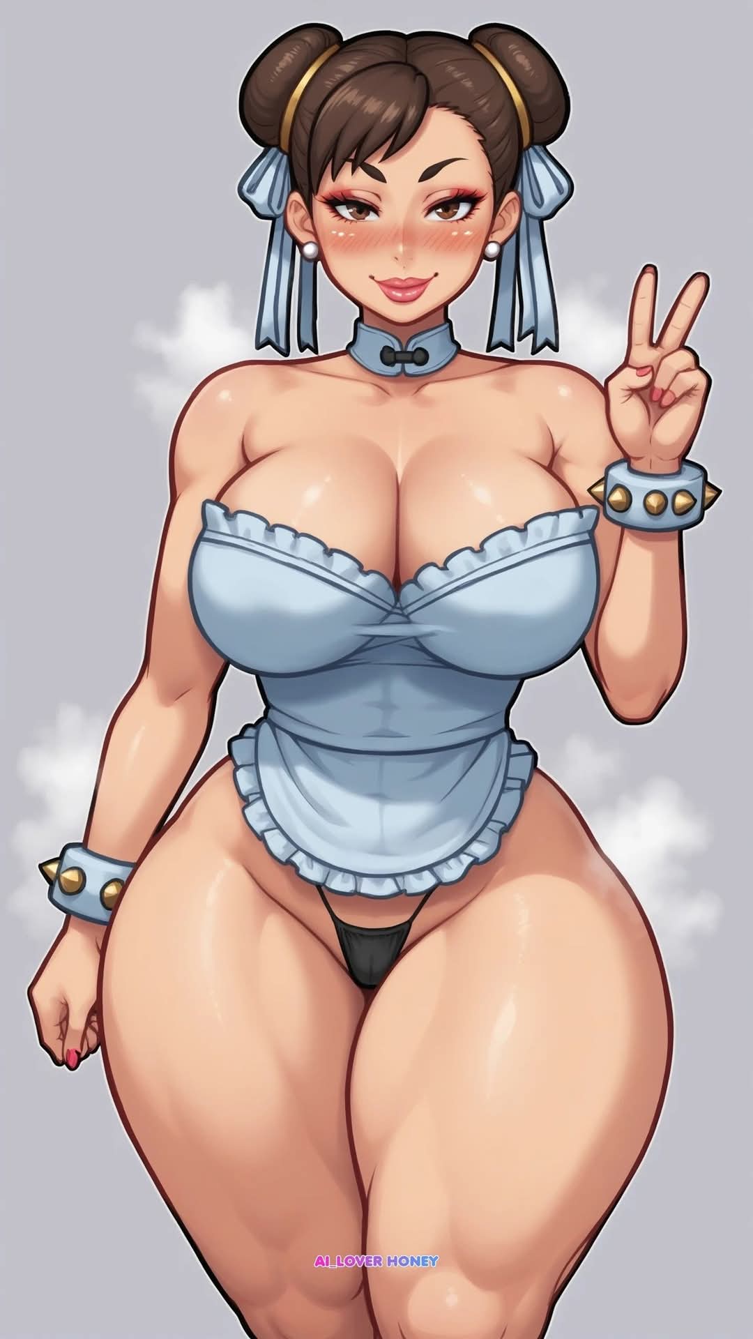 1girls, ai generated, ai loverhoney, asian, asian female, big breasts, breasts, brown eyes, brown hair, capcom, chun-li, cleavage, curvaceous, curvy female, earrings, female, female only, g-string, large breasts, light skin, light-skinned female, looking at viewer, peace sign, standing, street fighter, thick, thick thighs, voluptuous, voluptuous female, wide hips