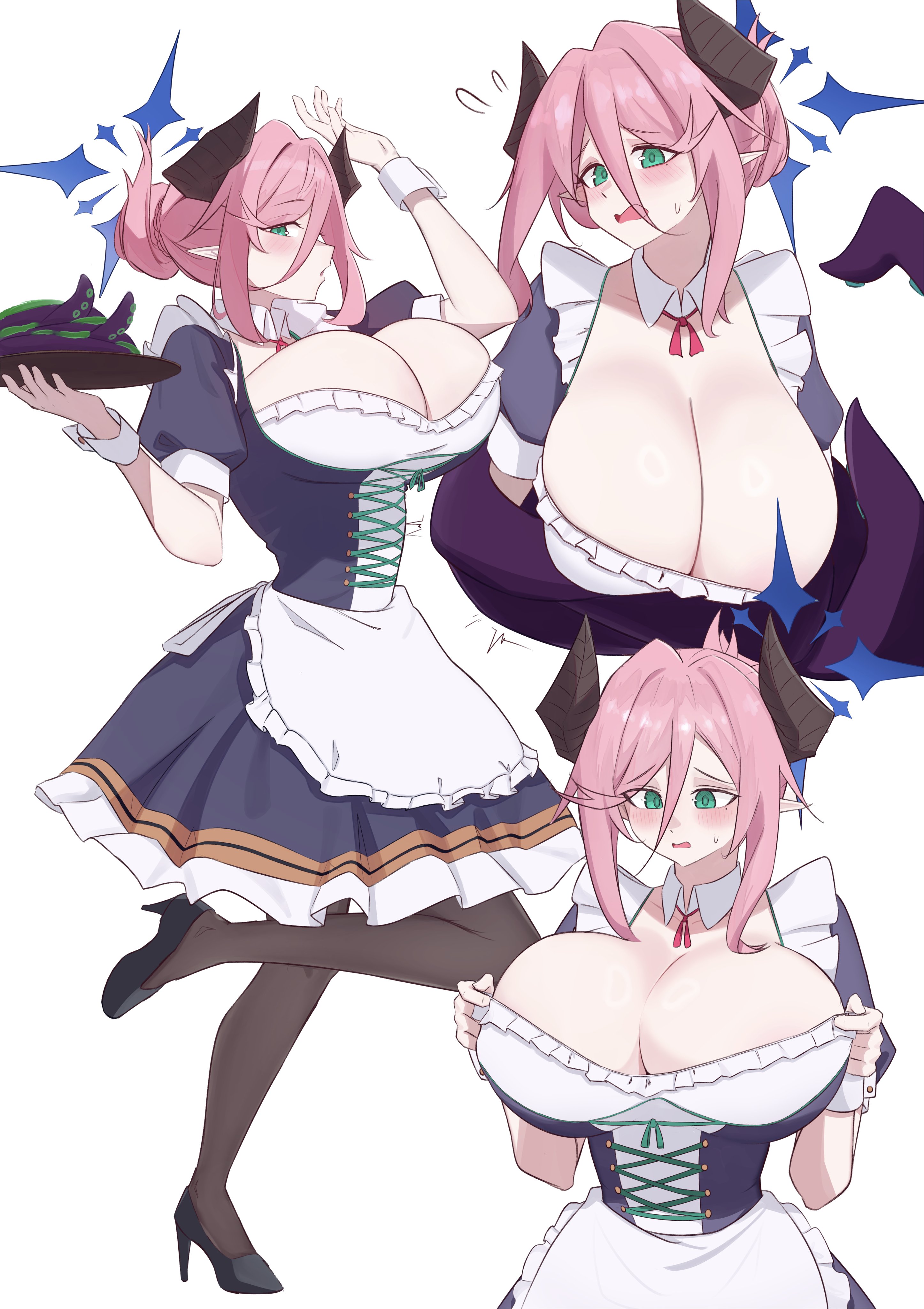 1girls, apron, big breasts, blue archive, blush, breasts, cleavage, dress, enmaided, female, female only, flying sweatdrops, frilled apron, frills, green eyes, hair between eyes, high heels, holding tray, horns, huge breasts, juri (blue archive), juri (part-time) (blue archive), k dhen, looking at viewer, maid, maid dress, maid headdress, multiple views, pantyhose, pink hair, puffy sleeves, striped, tagme, tongue, tongue out, tray, vertical stripes, waist apron, white apron
