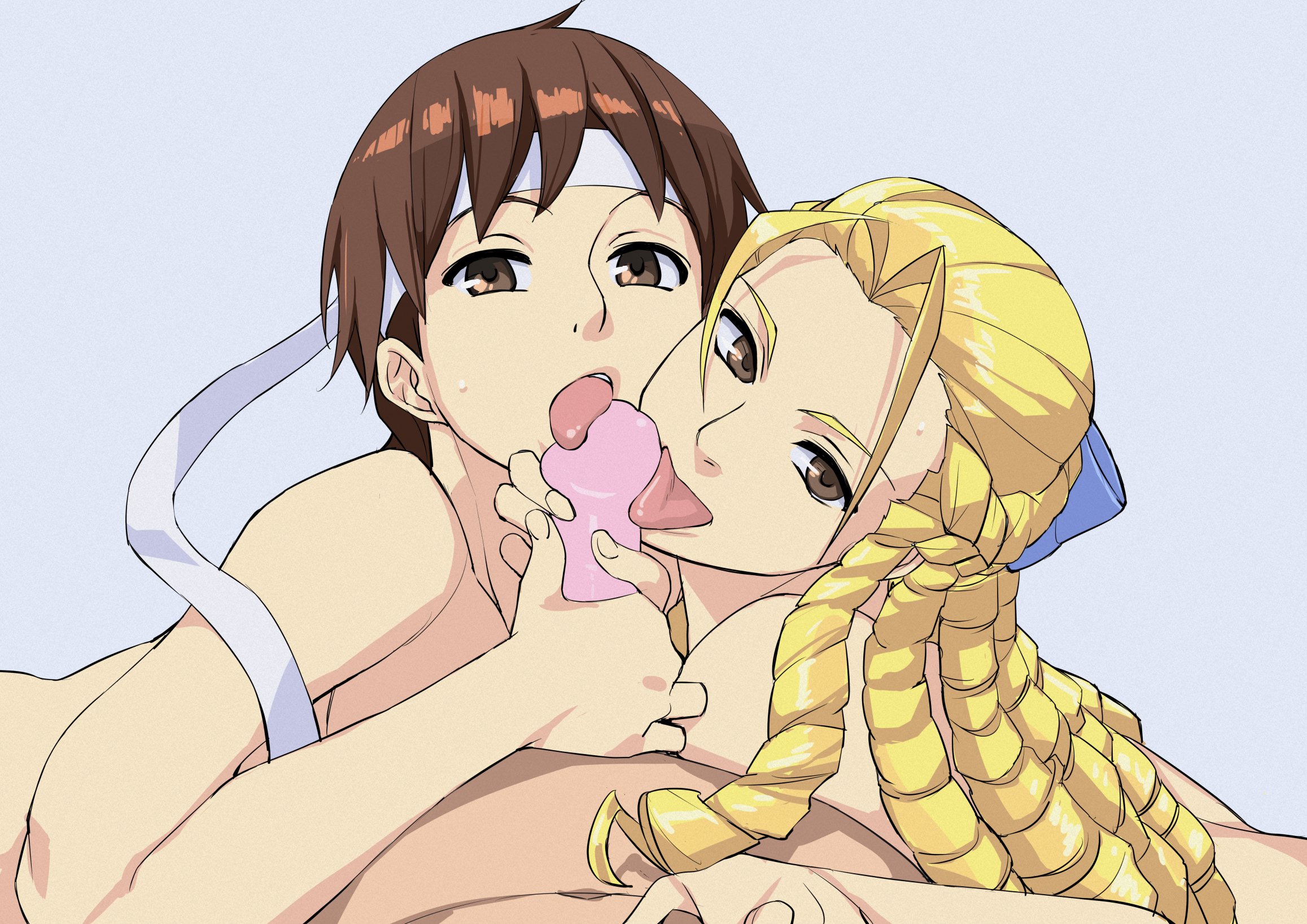 2d, 2girls, bandage, blonde hair, blowjob, brown eyes, brown hair, capcom, condom, drill hair, erect penis, erection, fellatio, female, female focus, hair ribbon, karin kanzuki, licking, licking penis, long hair, male, male pov, nude, nude female, nude male, nudity, penis, penis grab, penis lick, pixie cut, pov, ribbon, ribbon in hair, sakura kasugano, sex, short hair, street fighter, street fighter alpha, tagme, themanyoukilled, threesome, tongue, tongue out, very short hair