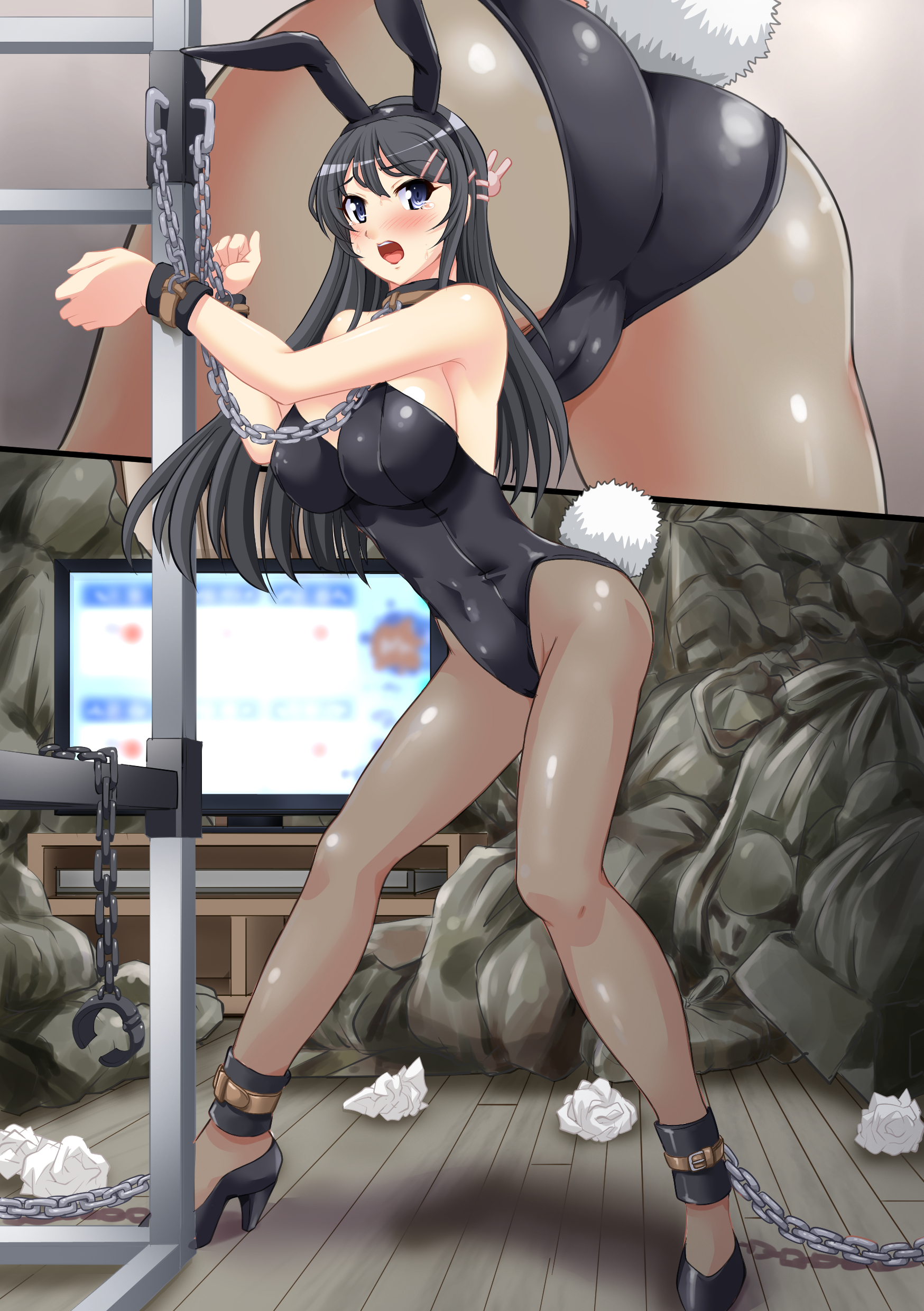 absurdres, animal ear hairband, animal ears, ass, ass focus, barefoot, bikini, black hair, black leotard, black pantyhose, black shoes, blue bikini, blue one-piece swimsuit, blush, bondage, breasts, chains, commission, competition swimsuit, covered erect nipples, covered navel, cuffs, curtains, fake animal ears, female, full body, hair ornament, hairband, hairclip, high heels, highres, inset, leotard, long hair, medium breasts, multicolored clothes, multicolored swimsuit, multiple views, nao takami, navel, one-piece swimsuit, open mouth, pantyhose, playboy bunny, purple eyes, rabbit ears, rabbit tail, restrained, sakurajima mai, seishun buta yarou wa bunny girl senpai no yume wo minai, shackles, shadow, shoes, side-tie bikini bottom, skeb commission, solo, straight, strapless, strapless leotard, swimsuit, tail, television, trash bag, used tissue, wrist cuffs
