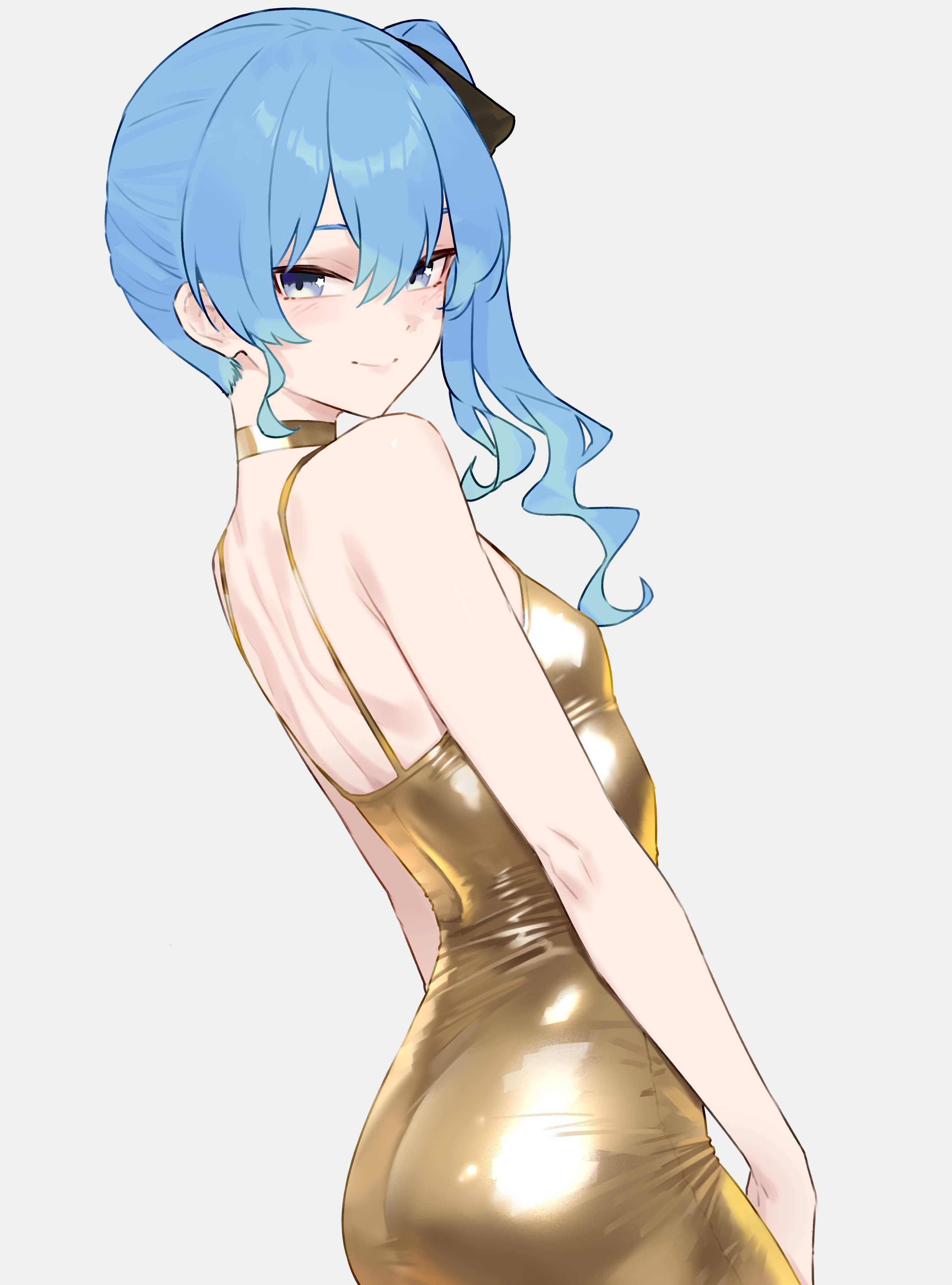 1girls, ass, back view, blue eyes, blue hair, bluefield, dress, female, gold dress, golden week, hololive, hololive gen 0, hololive japan, hoshimachi suisei, looking at viewer, shiny clothes, smile, solo, tight clothing, virtual youtuber
