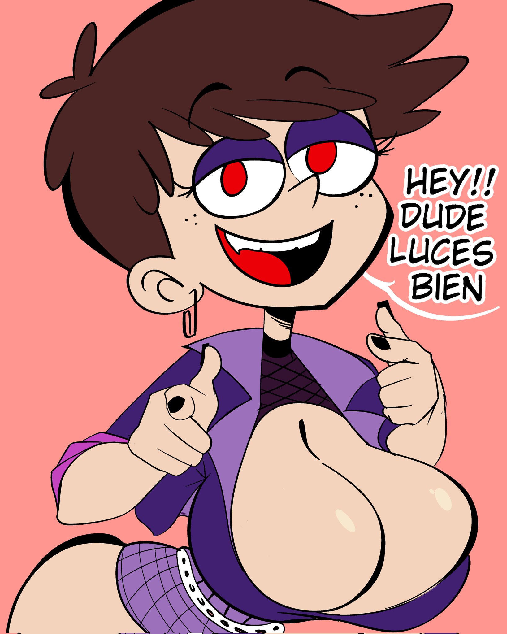 1girls, banmondragon, big breasts, breasts, brown hair, female, female only, happy, happy female, luna loud, nickelodeon, purple clothing, red eyes, short hair, smile, smiley face, spanish text, the loud house, tongue