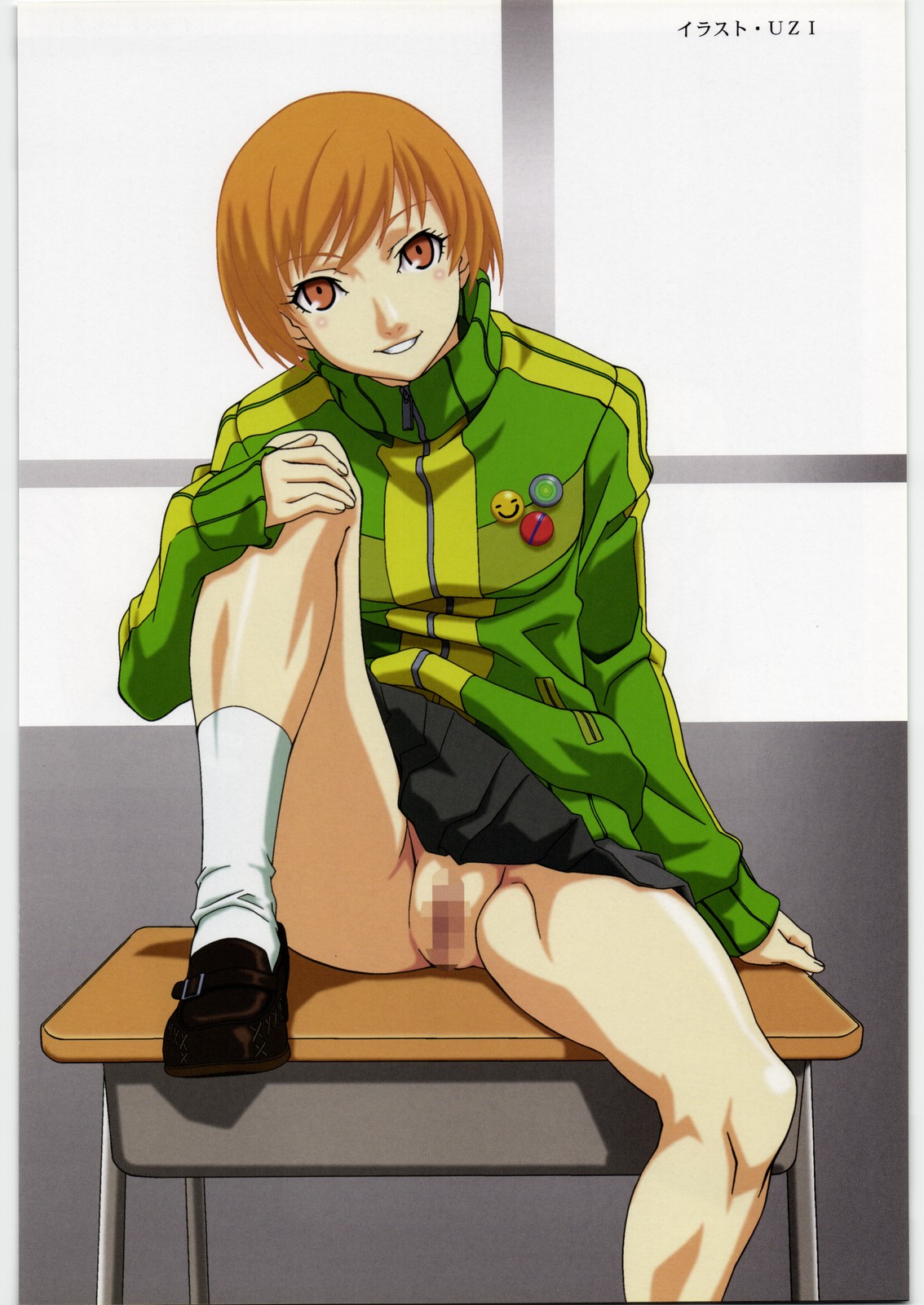 black skirt, breasts, censored, cleft of venus, desk, female, female only, indoors, jacket, leg up, legs, long sleeves, looking at viewer, mosaic censoring, no panties, orange eyes, orange hair, parted lips, persona, persona 4, pussy, satonaka chie, shoes, short hair, sitting, skirt, skirt lift, smile, socks, solo, thighs, urushihara satoshi, zipper