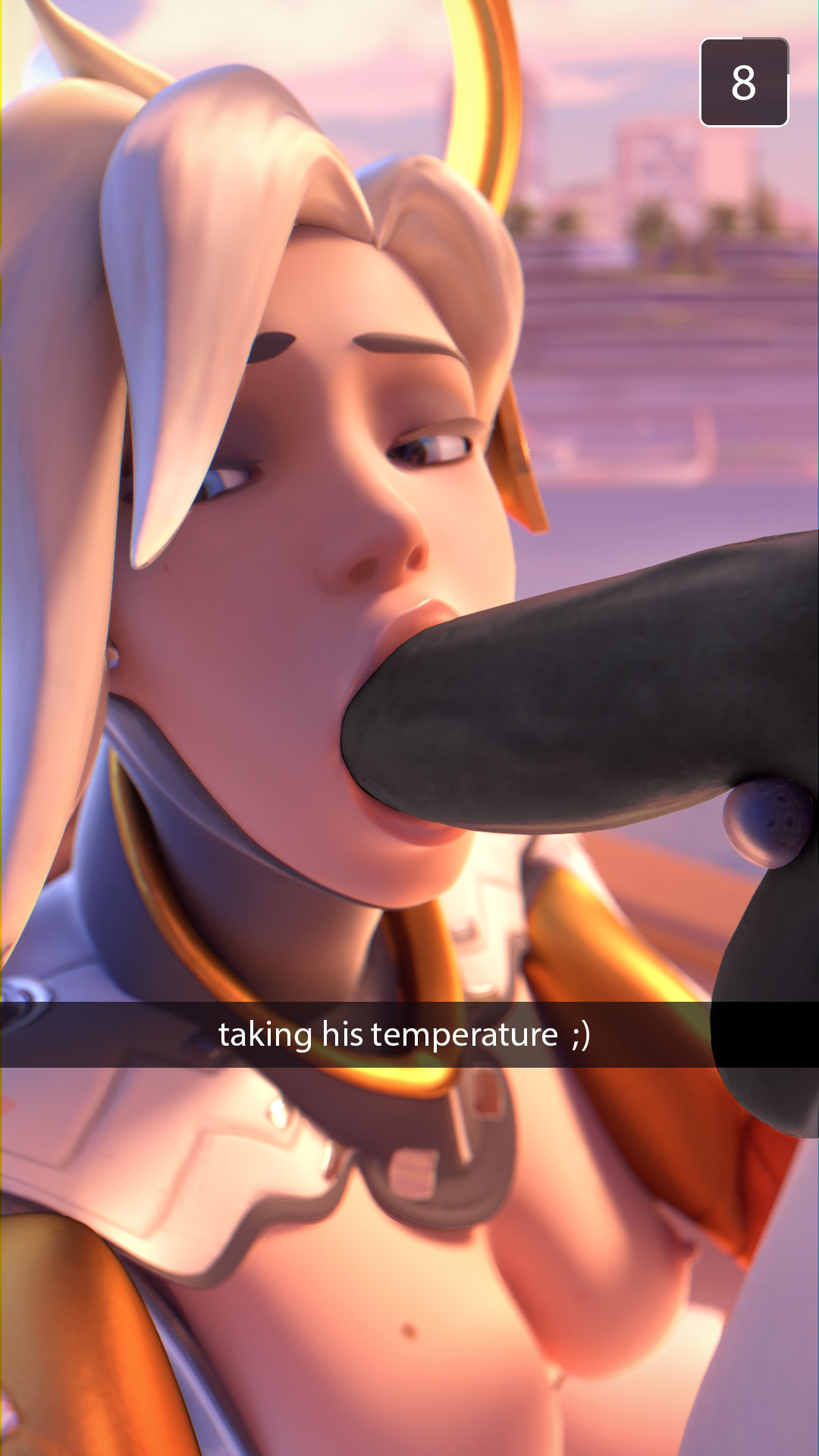 3d, blowjob, blowjob face, caption, dark penis, dark skin, dark-skinned male, day, english text, fellatio, female, female focus, human, human female, interracial, light skin, light-skinned female, male, male/female, mercy, oral, outdoors, overwatch, overwatch 2, penis, skin edit, snapchat, third-party edit