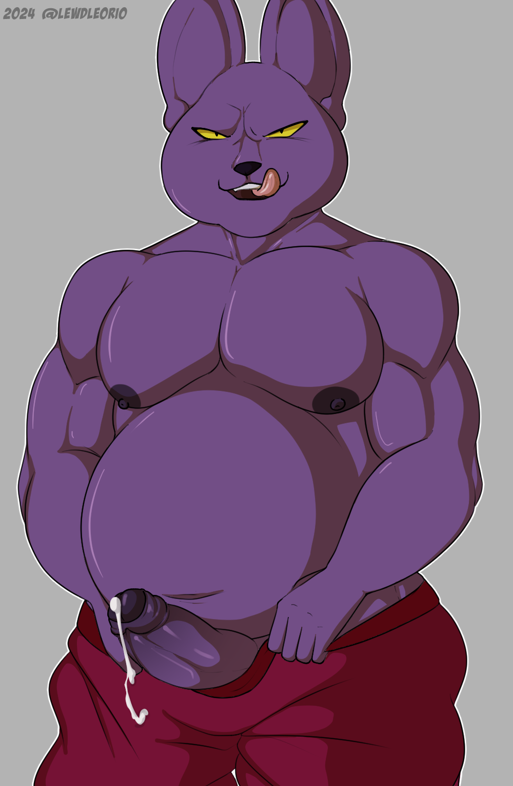 anthro belly bodily_fluids bottomwear bottomwear_down champa clothed clothing cum cum_drip digital_media_(artwork) domestic_cat dragon_ball dragon_ball_super dripping erection felid feline felis foreskin front_view gay genital_fluids genitals hairless hairless_cat hi_res humanoid_genitalia humanoid_penis klr-rio licking licking_lips licking_own_lips male mammal nipples open_mouth overweight overweight_male pants pants_down partially_clothed penis purple_body self_lick simple_background solo sphynx_(cat) tongue tongue_out topless uncircumcised