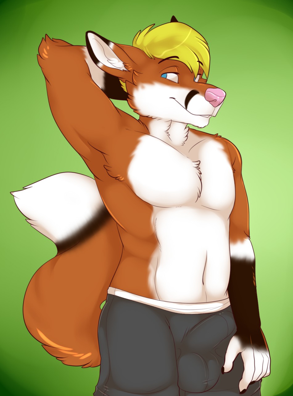 1boy 2016 5_fingers anthro armpits big_tail blonde_hair blue_eyes boxers brown_fur brown_markings brown_tail bulge canine chest_tuft collaboration countershade_face countershading dipstick_tail erection facial_markings fluffy fluffy_tail fox foxeh front_view fur furry green_background half-length_portrait hand_behind_head highres male male_only mammal markings multicolored_fur multicolored_tail orange_fur orange_tail penis_outline pink_nose portrait shadowpelt simple_background smile solo standing topless tuft underwear white_countershading white_fur white_tail xchiseaxmargaritax