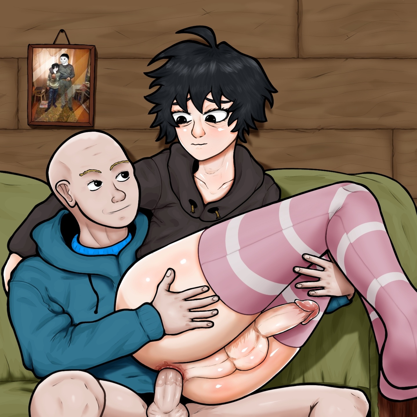2boys, 2d, anal, anal sex, ass, bald, balls, bareback, black hair, bloomer, carpet, clothed, clothed sex, clothing, cock, cock ring, color, colored, curvy, dick, doomer, doomer boy, dressed, european, femboy, gay, gay anal, gay sex, girly, guban1161, male, male on femboy, male only, male/male, on sofa, penis, photo (object), self upload, shiny, shiny skin, short hair, sofa, stockings, twink, wojak, wojak comics, wood, wooden wall, yaoi