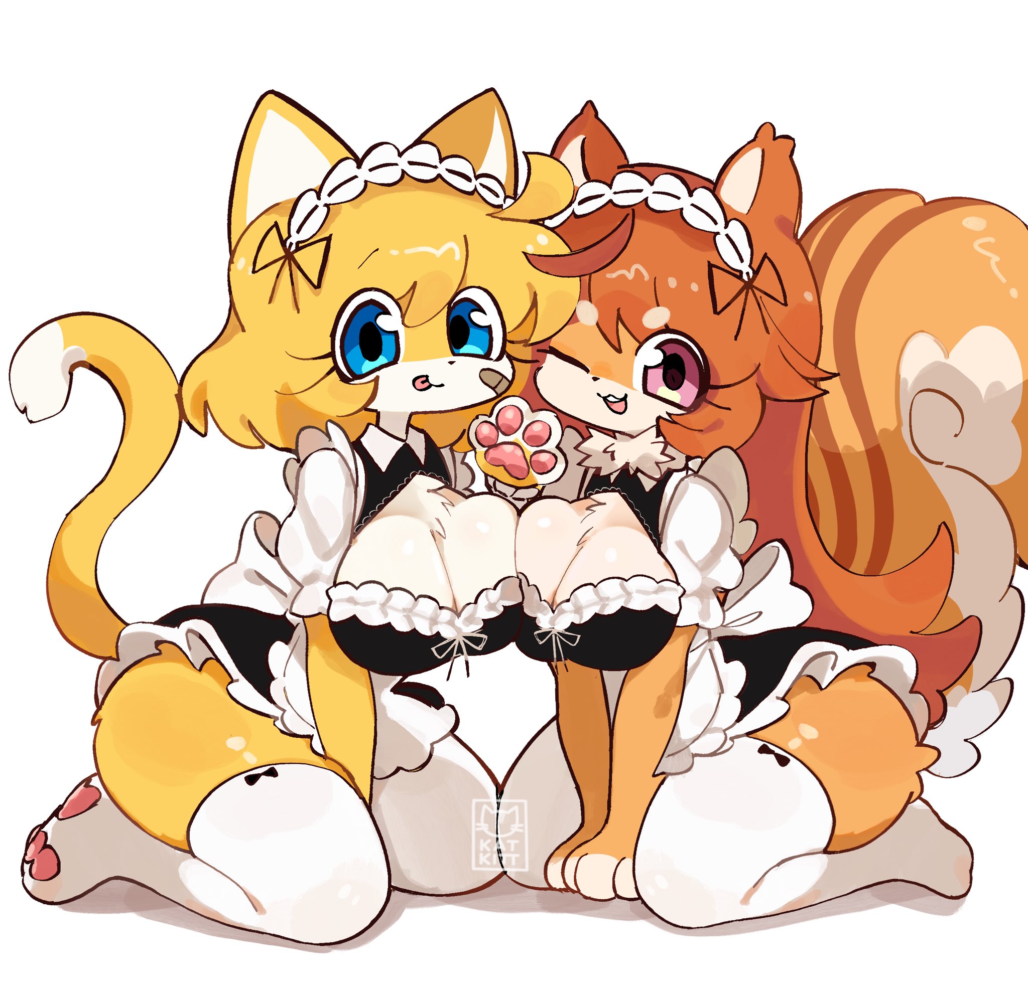 2girls, anthro, breasts, cleavage, female, fur, furry, furry only, kat kitt, katie (kat kitt), katie (medikitten), medikitten, tail