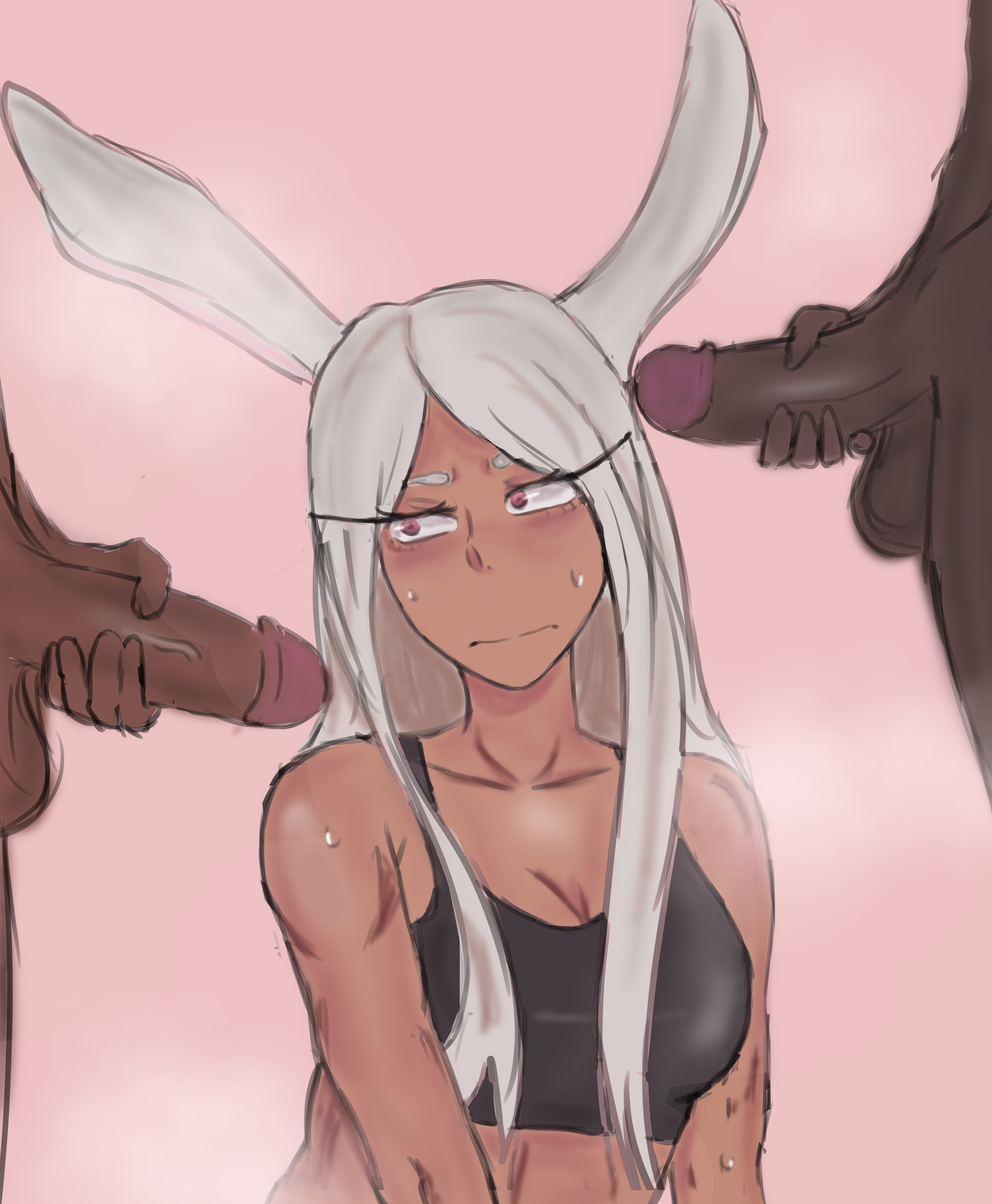 1girls, 2boys, azazelinp, blush, boku no hero academia, dark skin, dark-skinned female, dark-skinned male, female, imminent facial, jerking, jerkingoff, jerkoff visual assistance, long hair, male, miruko, my hero academia, penis, rabbit ears, rabbit girl, rumi usagiyama, white hair