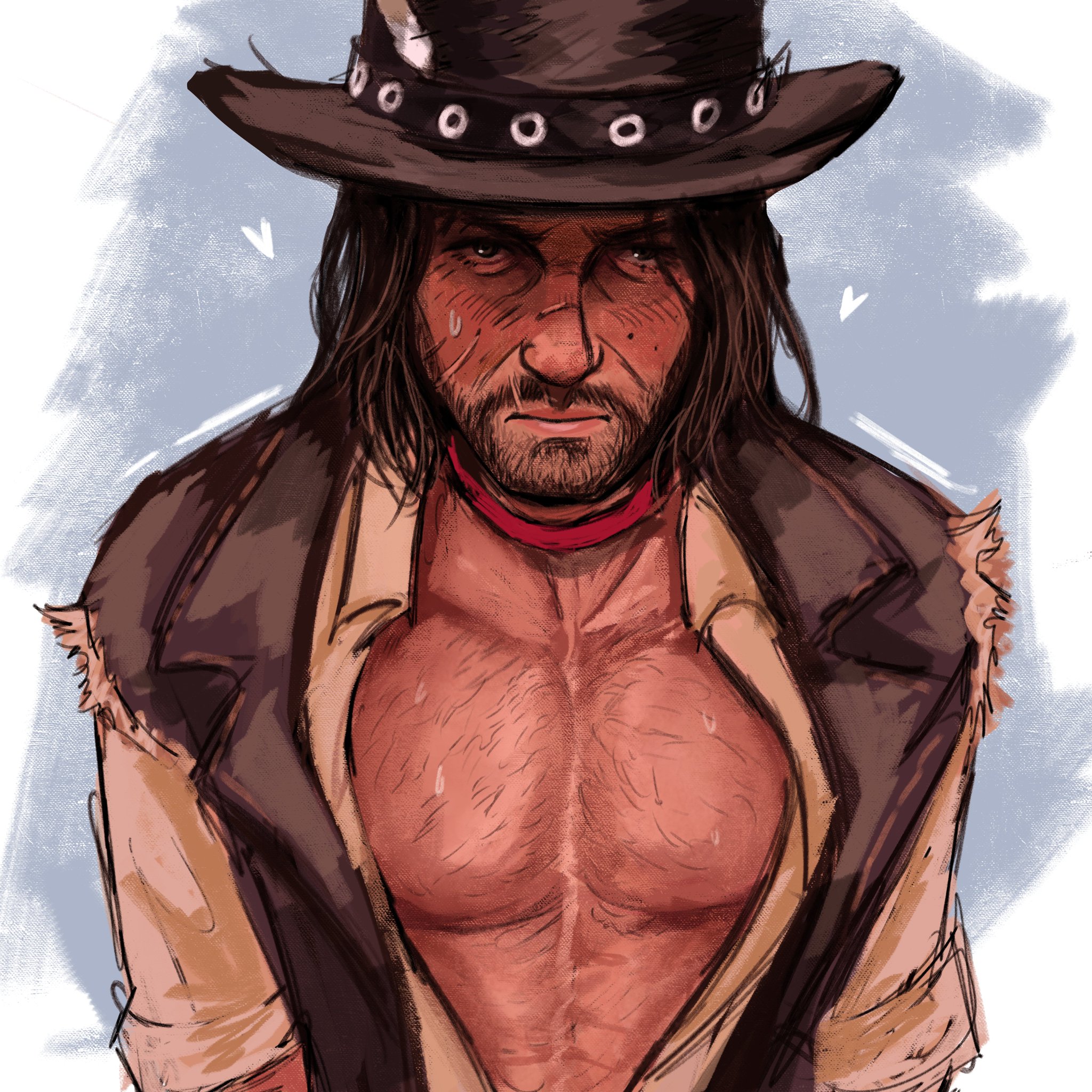 1boy, angry, beard, beard stubble, blush, blushing, body hair, breasts, chest hair, chest out, collar, color, cowboy, cowboy hat, embarrassed, facial hair, fr4nkt 4, heart symbol, john marston, male, male breasts, male only, male with breasts, moobs, mustache, nipples, pecs, red dead redemption (series), red dead redemption 2, sweatdrop, tagme, you're fucking gay as in homosexual