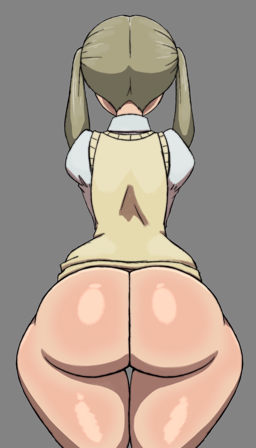 1girls, ass, ass focus, behind view, big ass, big butt, bottom heavy, bottomless, bubble ass, bubble butt, clothed, curvaceous, curvy, curvy figure, female, female only, grey background, huge ass, long hair, maka albarn, mostly nude, mrn00b0d1, pear shaped, slim waist, solo, solo female, soul eater, thick thighs, twintails, voluptuous, voluptuous female, wide hips