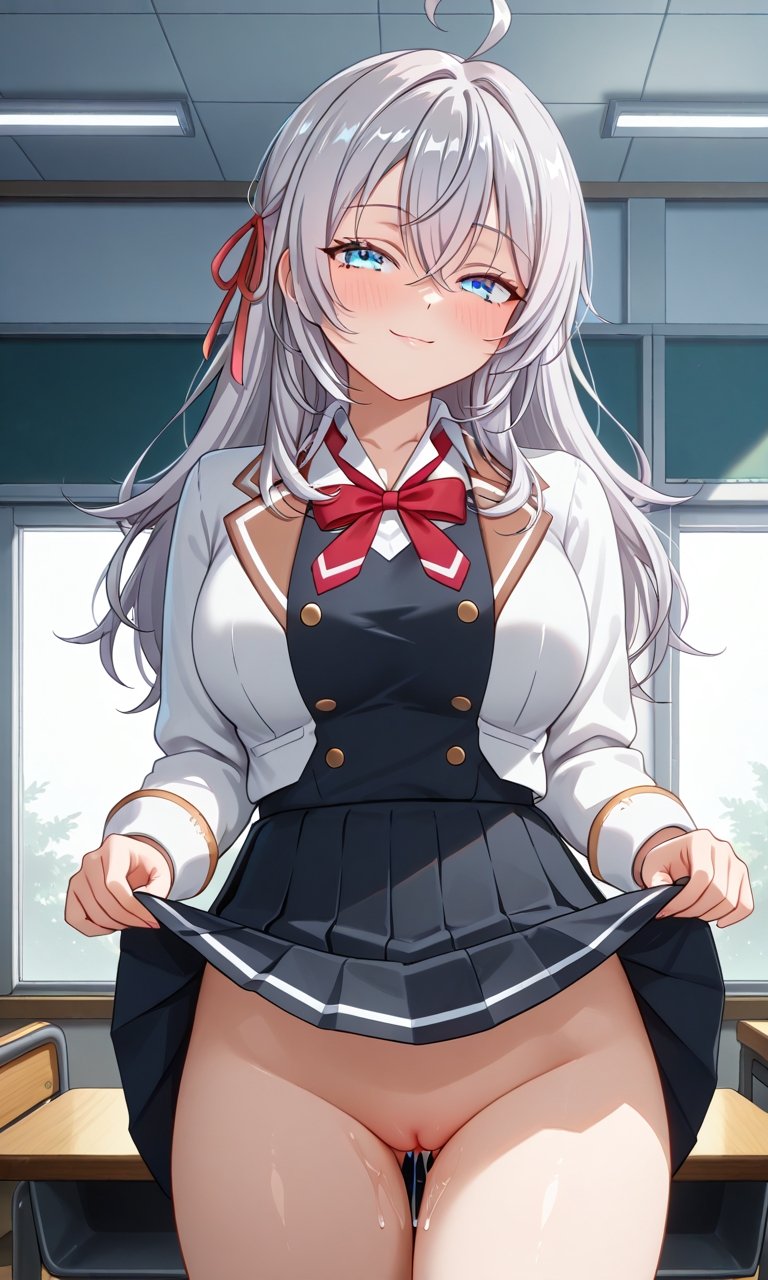 ai generated, alisa mikhailovna kujou, blue eyes, exhibitionism, exposed pussy, female, grey hair, no panties, presenting pussy, pussy, pussy juice, raising skirt, school uniform, schoolgirl, skirt, tokidoki bosotto russian de dereru tonari no alya-san, uniform, vagina, vaginal fluids