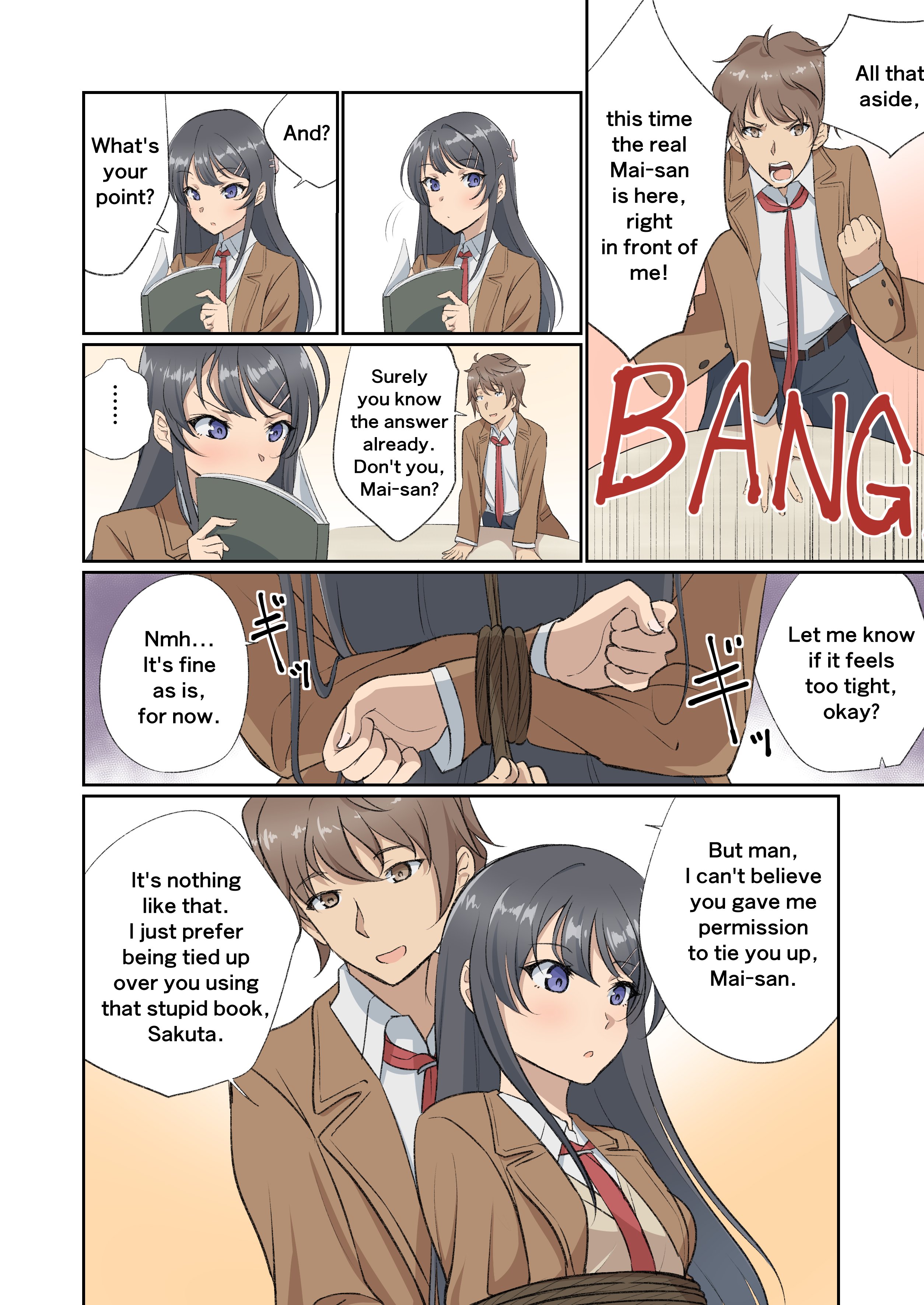 1boy, 2girls, absurdres, arms behind back, azusagawa kaede, azusagawa sakuta, ball gag, between breasts, black hair, black pantyhose, blush, bondage, book, bound, bound ankles, bound arms, bound legs, bound thighs, bound torso, breasts, comic, cosplay, drooling, english text, female, female focus, frogtie, gag, gagged, highres, indoors, jacket, kigurumi, kneeling, legs together, long hair, long sleeves, lying, lying on lap, male, medium breasts, misunderstanding, multiple females, multiple girls, necktie, necktie between breasts, no shoes, on back, on cushion, on floor, open clothes, open jacket, open mouth, pantyhose, photo (object), pleated skirt, purple eyes, rope, sakurajima mai, saliva, saliva puddle, saliva trail, school uniform, seishun buta yarou wa bunny girl senpai no yume wo minai, shibari over clothes, shirt, simple background, skirt, solo, speech bubble, straight, tamawwwwwwwww, tie, unworn gag, wiffle gag, wooden floor