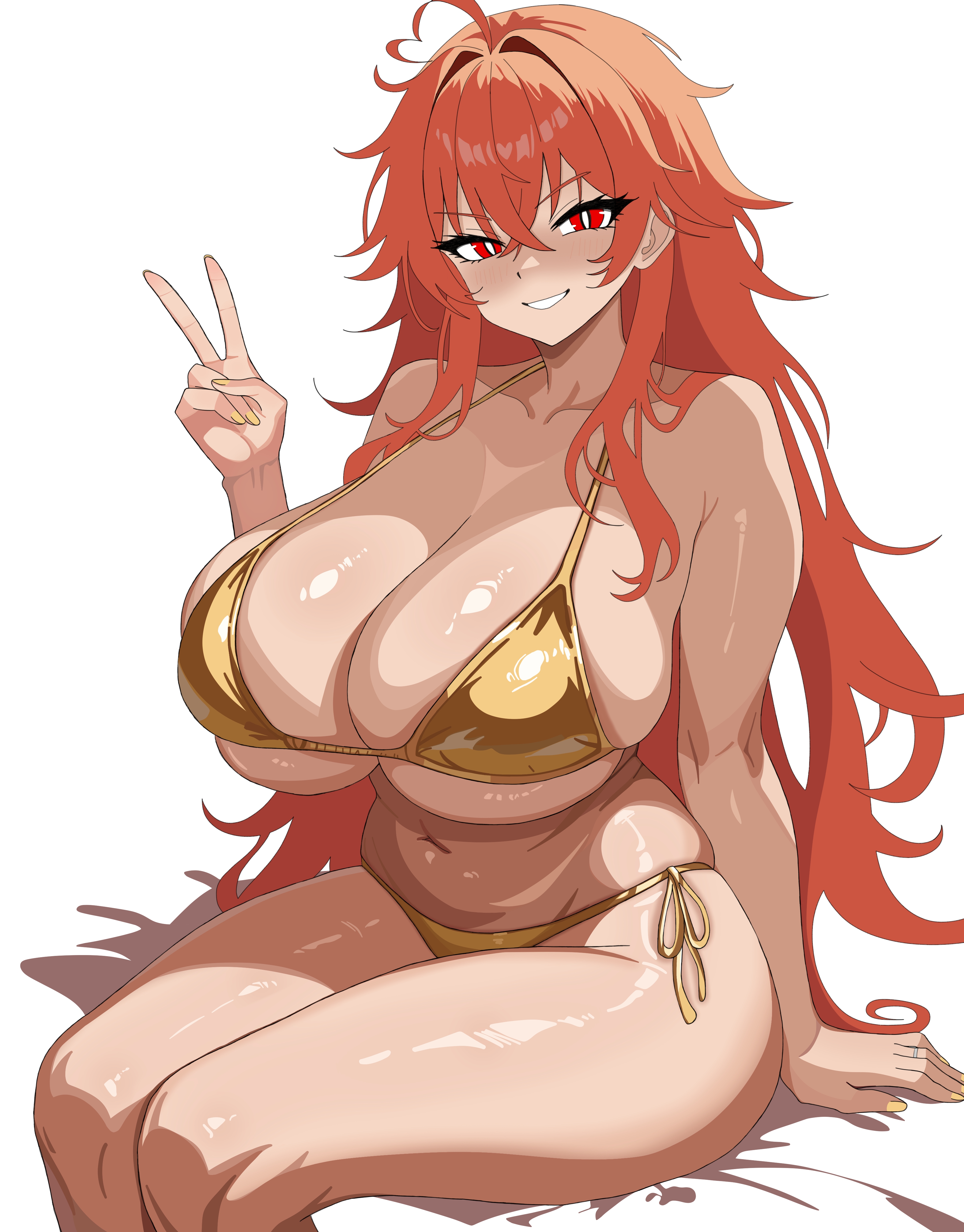 absurd res, ahoge, big breasts, breasts, curvy, female, goddess of victory: nikke, gold nails, golden bikini, golden week, heart-shaped ahoge, hi res, huge breasts, naggarron, nihilister (nikke), peace sign, red eyes, red hair, sitting, smile, smiling, smiling at viewer, wedding ring, yellow nails