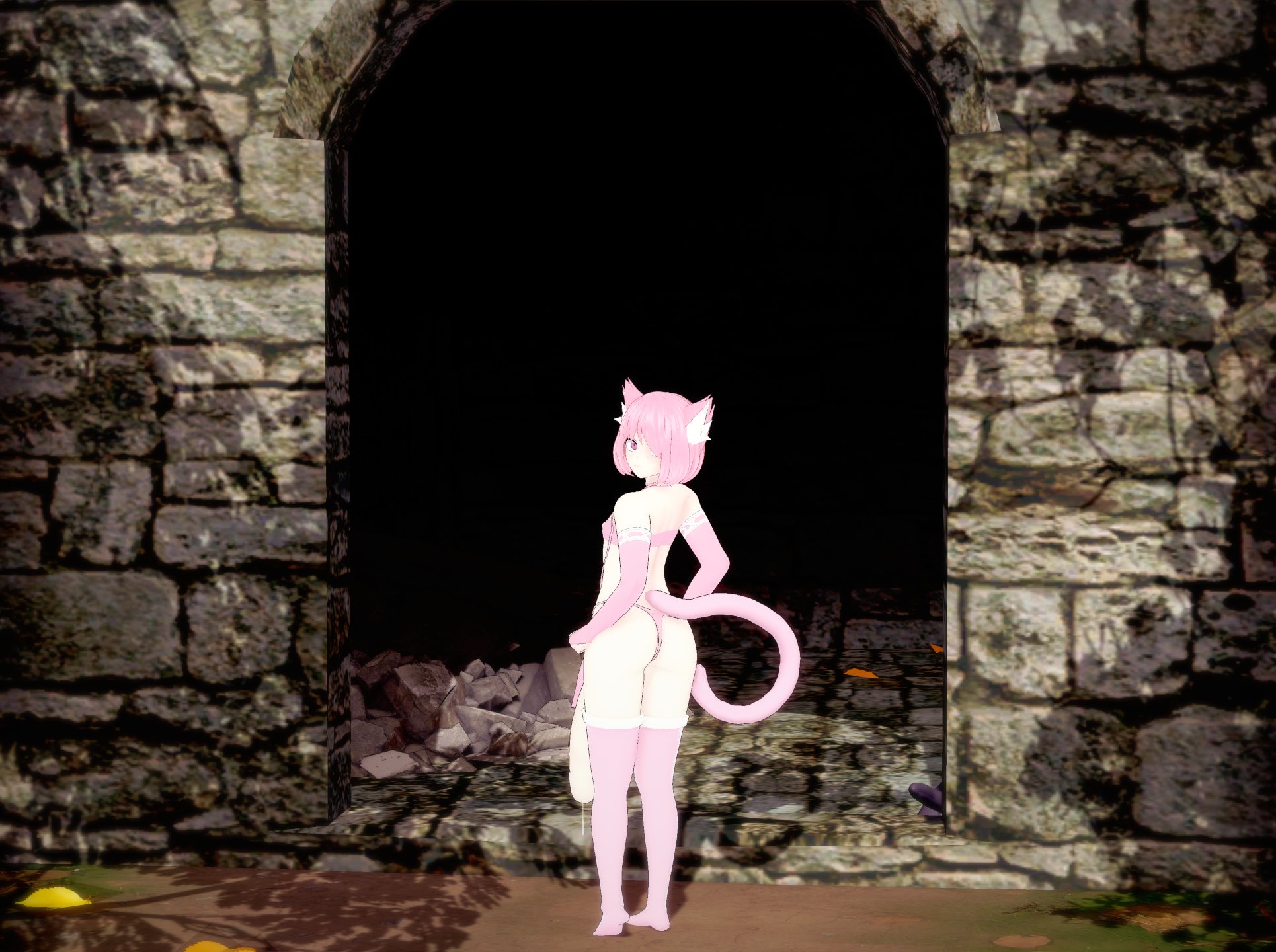 1boy, adrian (tightertemp), cat boy, cat ears, cat tail, catboy, dripping cum, femboy, hanging penis, huge cock, hung bottom, hung trap, hyper penis, koikatsu, looking at viewer, looking back, male, outdoors, penis, stone wall, tentacle, tightertemp, twink
