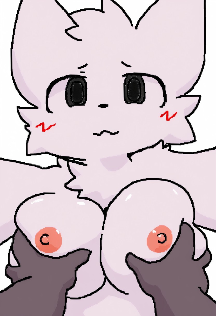 1girls, ai generated, anthro, blush, boykisser, breasts, female, female boykisser, fox, fur, furry, furry female, girlkisser, silly cat (mauzymice), white background