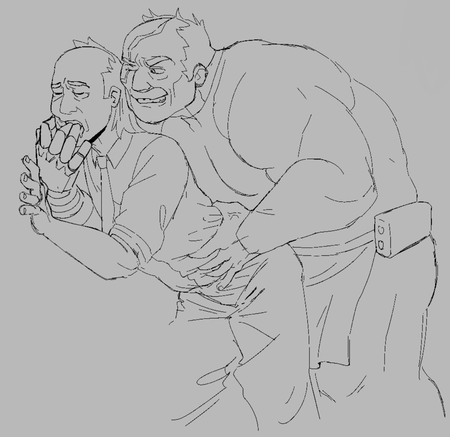 2025, 2boys, alien, bald, bald male, cecil stedman, clothed, conquest (invincible), fingers, fingers in mouth, gay, holding, holding hips, invincible, invincible (comics), invincible (tv series), leaning, leaning against wall, light skin, light-skinned male, looking at another, looking at partner, looking pleasured, male, mature, mature male, muscular, muscular male, no visible genitalia, pisstoaster, rolled up sleeves, saliva, saliva drip, saliva trail, salivating, scar, shirt, sketch, teeth, teeth showing, tie, unbuttoned, unbuttoned pants, veins, yaoi
