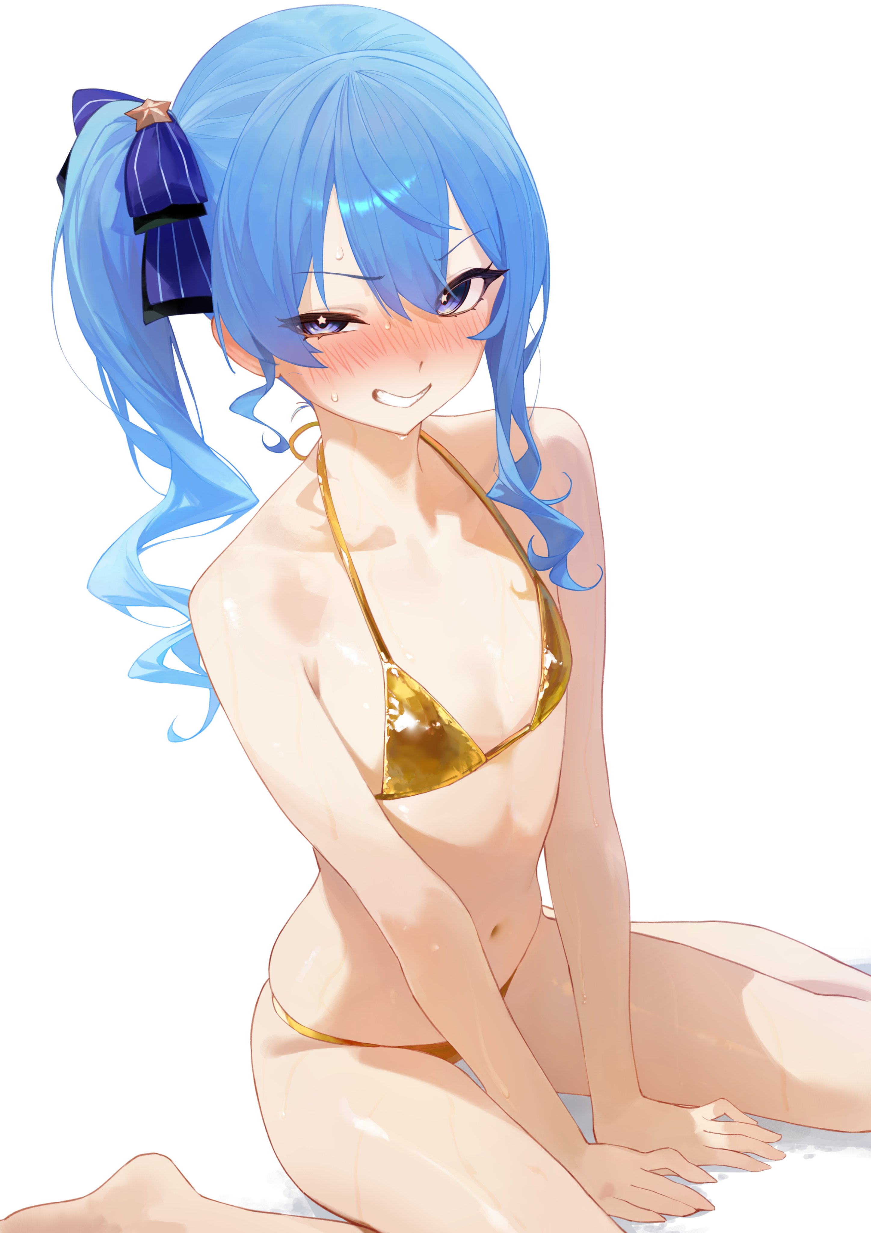 1girls, bikini, blue eyes, blue hair, blush, breasts, embarrassed, female, gold bikini, golden bikini, golden week, hololive, hololive gen 0, hololive japan, hoshimachi suisei, kneeling, looking at viewer, ribbon, serelith, small breasts, solo, sweat, virtual youtuber