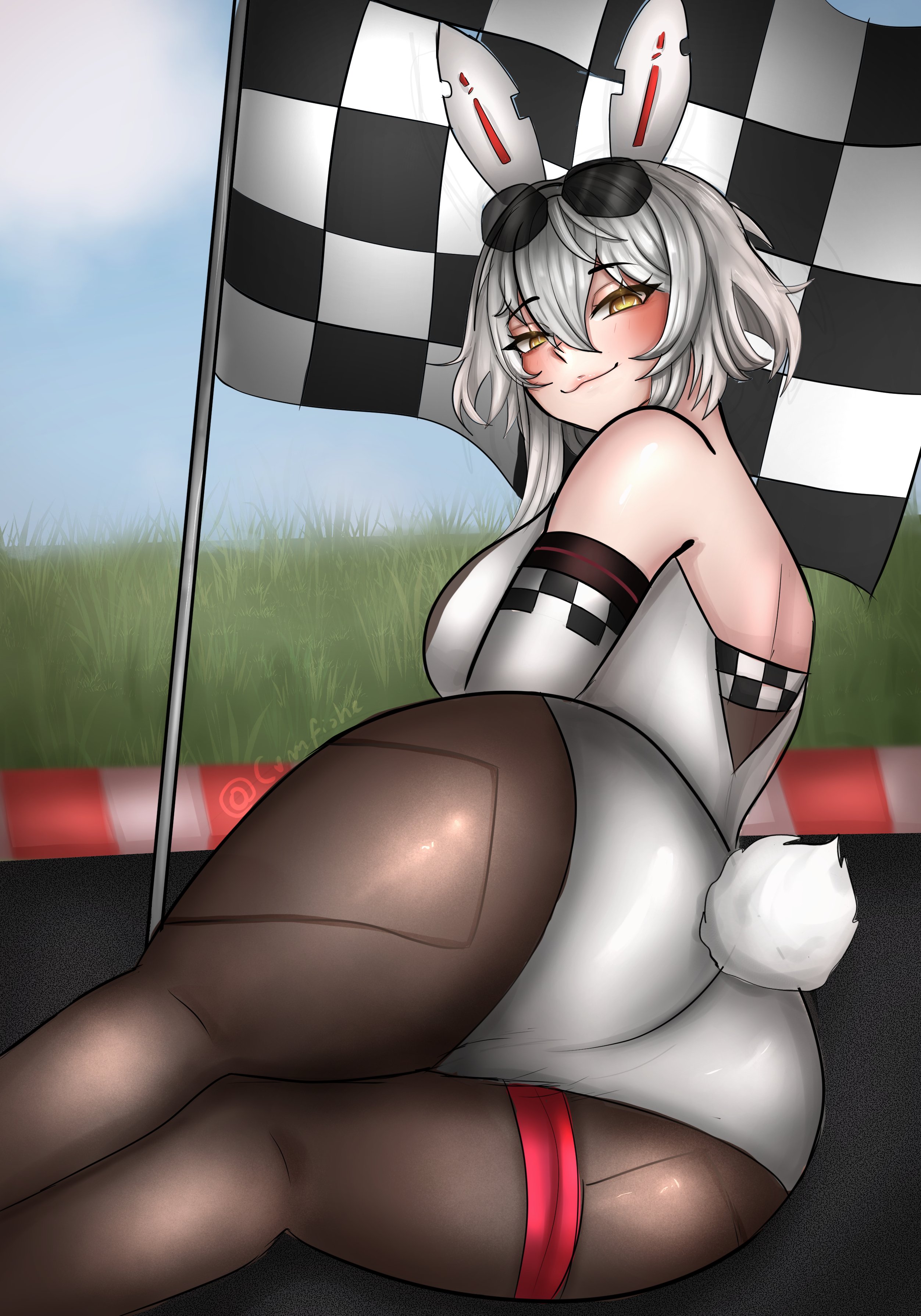 ass, big ass, big breasts, breasts, bunny ears, bunnysuit, cumfishe, female, looking at viewer, looking back, pantyhose, virtual youtuber, vshojo, zentreya, zentreya (cyborg), zentreya (racing bunny)