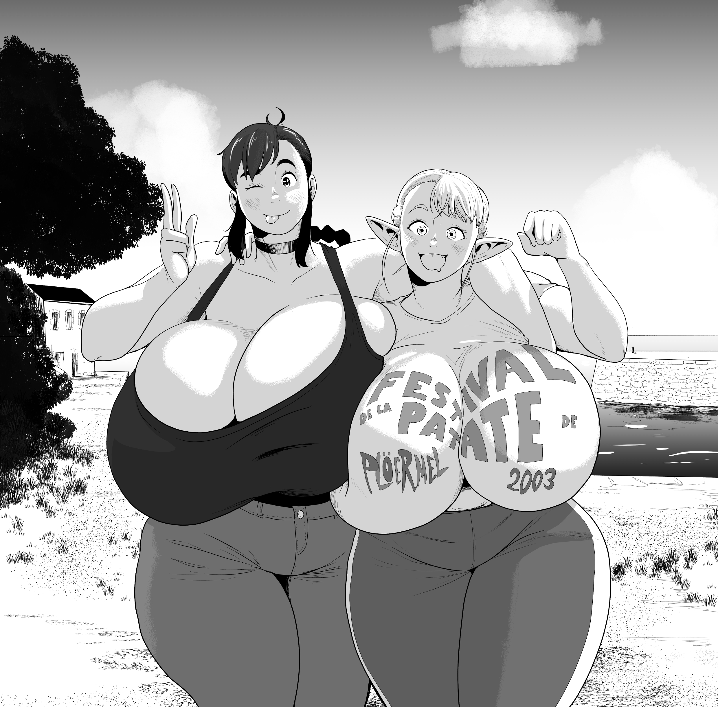 ;p, 2003, 2girls, arm around neck, asymmetrical bangs, bare arms, bare shoulders, braid, braided hair, breasts, building, choker, chubby, chubby female, cleavage, cloud, cowboy shot, day, elf, elf ears, elf female, elf-san wa yaserarenai, elfuda, facing viewer, female, female only, french text, happy female, harorlood, huge breasts, human, human female, jpg, legs together, light blush, looking at viewer, marina (harorlood), monochrome, original, original character, outdoors, sky, standing, t-shirt, tagme, tank top, thick thighs, tongue, tongue out, translated, twitter link, v, winking at viewer