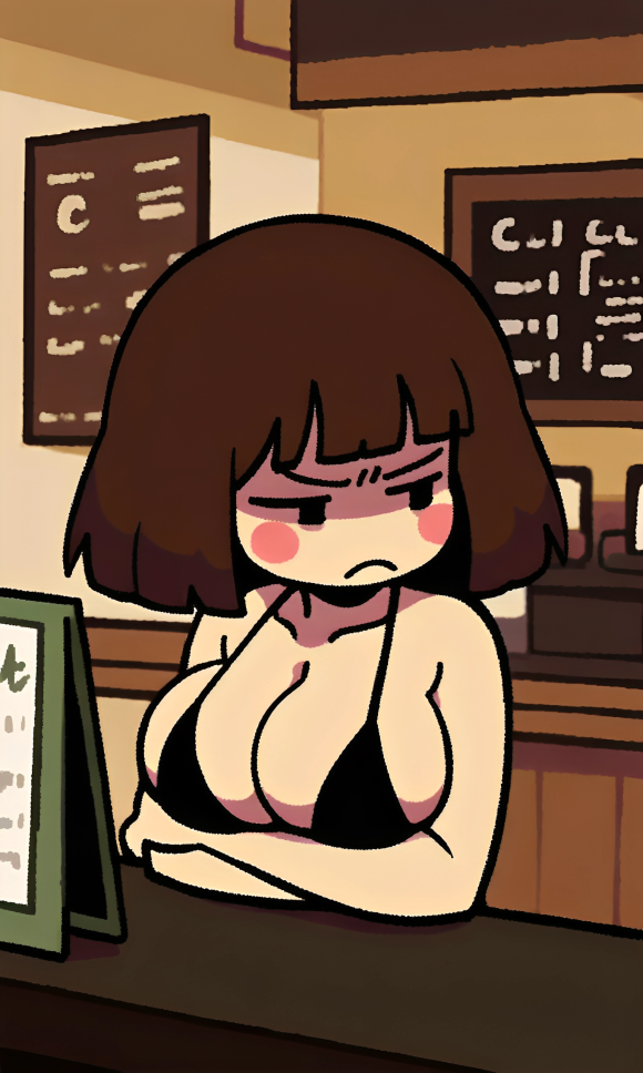 1girl aged_up ai_generated annoyed annoyed_expression barista big_breasts black_bikini black_bikini_top black_eyes blush_stickers bob_cut breasts brown_hair busty cafe chara chara_(undertale) clothed coffee_shop crossed_arms curvy female frown indoors pale_skin pixai restaurant shoulder_length_hair solo undertale undertale_(series) upper_body