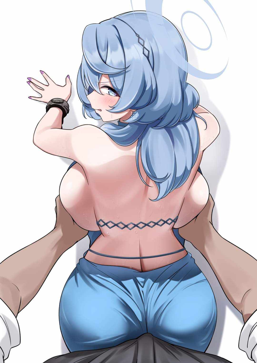 1girls, ako (blue archive), ako (dress) (blue archive), artist request, behind view, big breasts, blue archive, breasts, dark-skinned male, dress, female, groping, halo