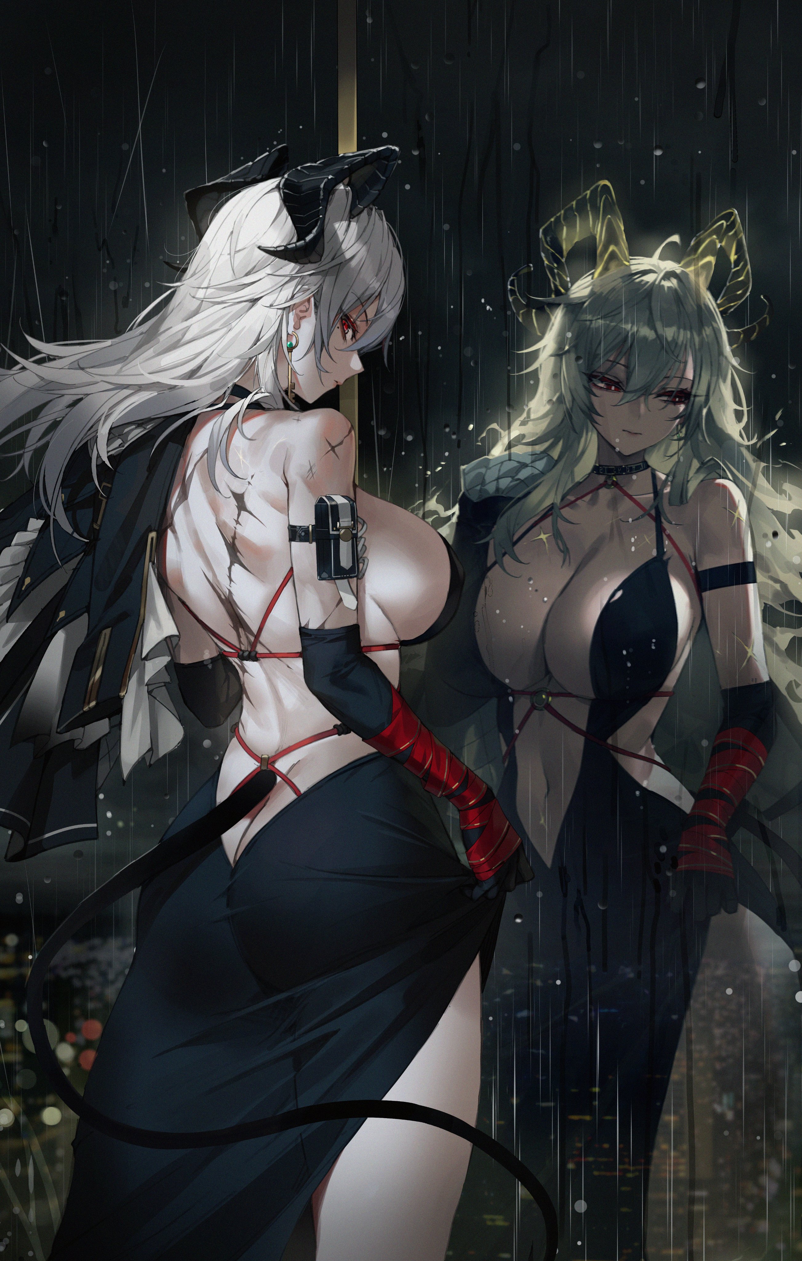 1girls, ass, ass cleavage, ass crack, breasts, butt crack, cleavage, clothing cutout, dress, elbow gloves, female, fit female, horns, maenoo, no bra, no panties, red eyes, reflection, sideboob, solo, tail, white hair, wuthering waves, zani (wuthering waves)