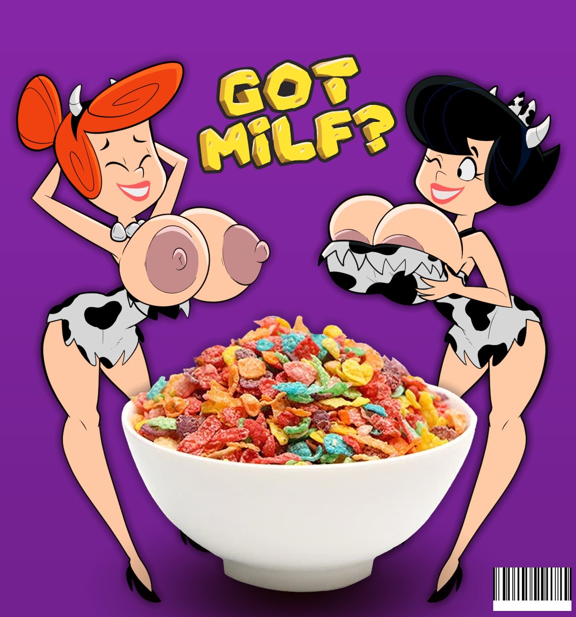 2girls auburn_hair betty_rubble big_breasts black_hair breakfast breasts cereal cow_print english_text exposed_breasts female female_focus female_only got_milk hanna-barbera huge_breasts looking_at_viewer mature mature_female milf mother nipples text the_flintstones vaz0v voluptuous voluptuous_female wilma_flintstone