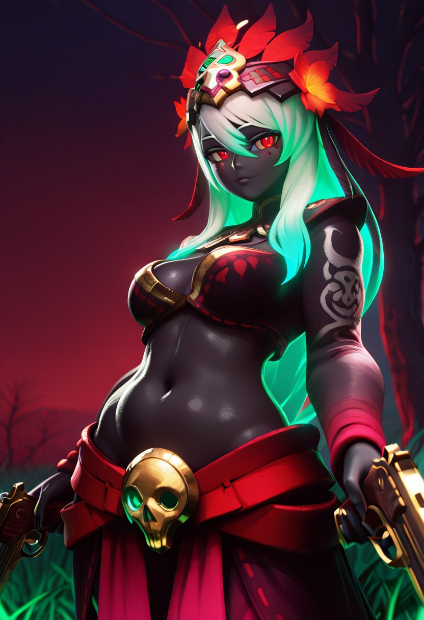 ai_dota_ai ai_generated aqua_hair black_skin breasts cleavage closed_mouth colored_skin dota_2 dual_wielding feathers female flower gradient_hair green_hair grey_skin gun hair_between_eyes hair_flower hair_ornament handgun holding holding_gun holding_weapon large_breasts long_hair looking_at_viewer medium_breasts muerta multicolored_hair navel outdoors red_eyes skirt skull solo stomach tattoo tree vicineko_style weapon white_hair