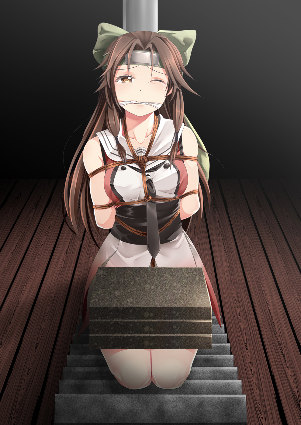 arms_behind_back bondage bound bound_arms bow breast_bondage brown_hair cleave_gag collarbone crotch_rope female gag gagged green_bow hair_ornament hairbow headband helpless ishidaki jintsuu_(kantai_collection) kantai_collection kneeling long_hair orange_eyes rope serafuku sleeveless sleeveless_shirt solo tears tie tied_up torture yasume_yukito