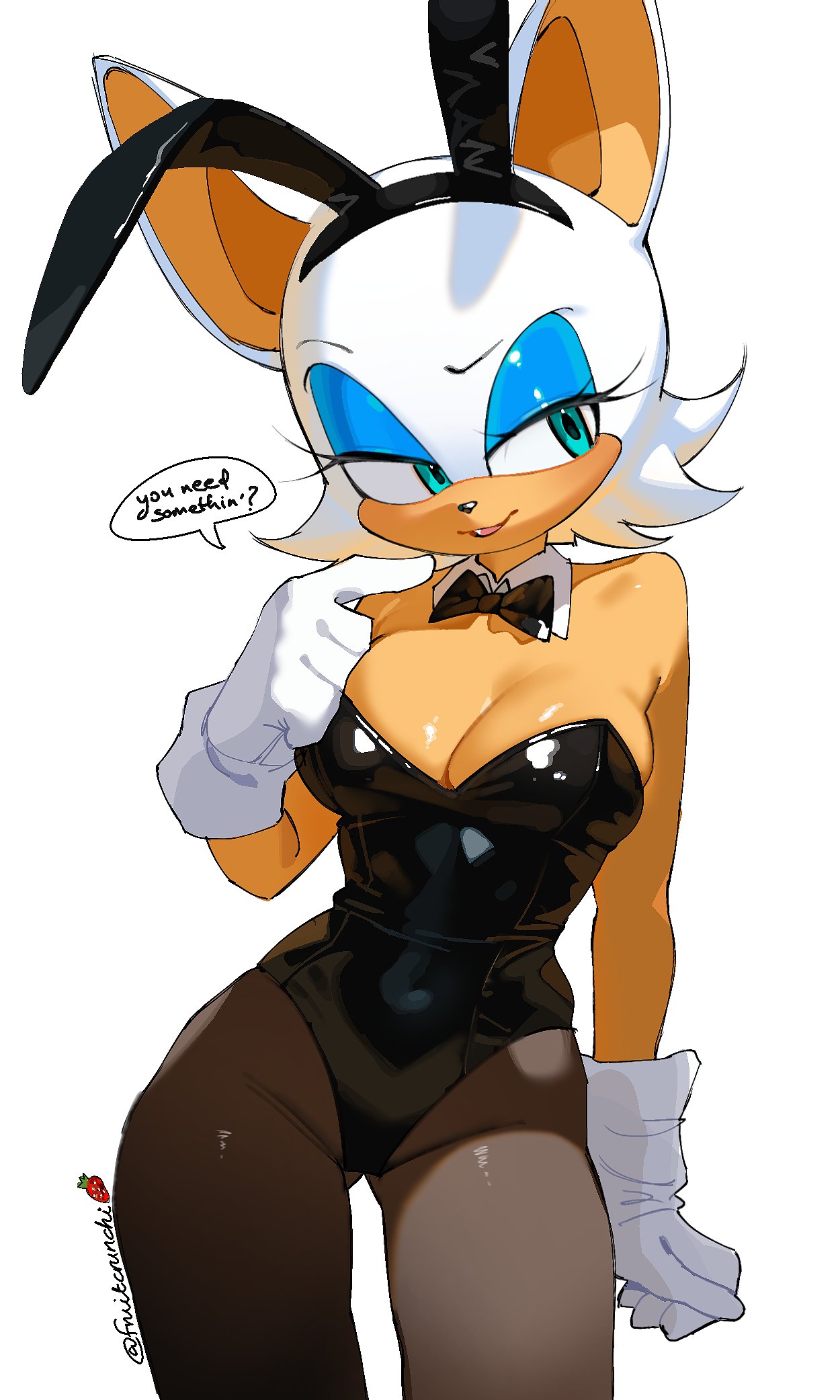 1girls, anthro, bat ears, bat wings, big breasts, blue eyes, breasts, bunny ears, bunnysuit, cleavage, female, fruitcrunchi, fruitcrunchi (artist), long eyelashes, looking at viewer, rouge the bat, solo, solo female, sonic (series), white hair