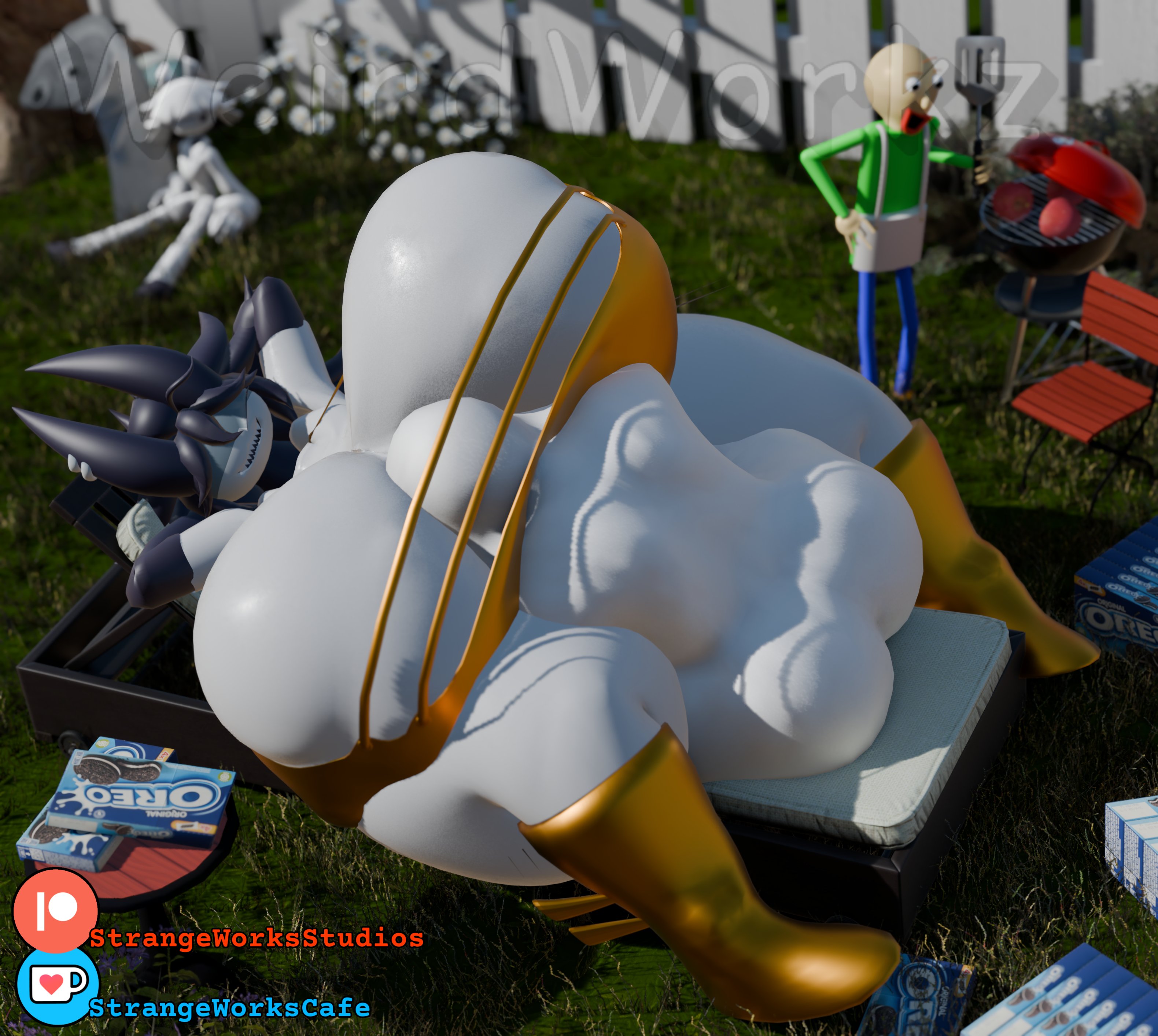 1boy, 2girls, 3d, 3d (artwork), ass, baldi, baldi's basics in education and learning, barbecue, big ass, big breasts, breasts, chair, claire (fundamental paper education), fat, fat ass, fat belly, fat breasts, fat female, female, fence, fundamental paper education, golden bikini, grass, horns, hyper, hyper belly, hyper breasts, hyper thighs, male, miss circle (fundamental paper education), mrweirdworkz, oreo, outdoors, prey outline, vore, vore belly, vore sex, weirderworkz