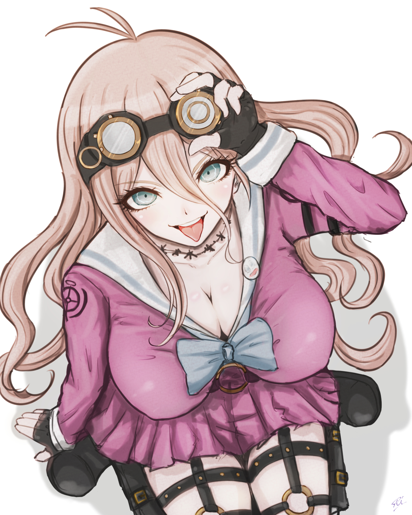 1girls, adjusting eyewear, alt girl, blonde hair, blue eyes, bow, breasts, choker, cleavage, danganronpa, danganronpa v3, female, female only, fingerless gloves, from above, garter straps, gloves, goggles, goggles on head, hair between eyes, iruma miu, kneeling, large breasts, long hair, looking at viewer, looking up, pui, punk, punk girl, school uniform, serafuku, solo, steampunker, tongue, tongue out