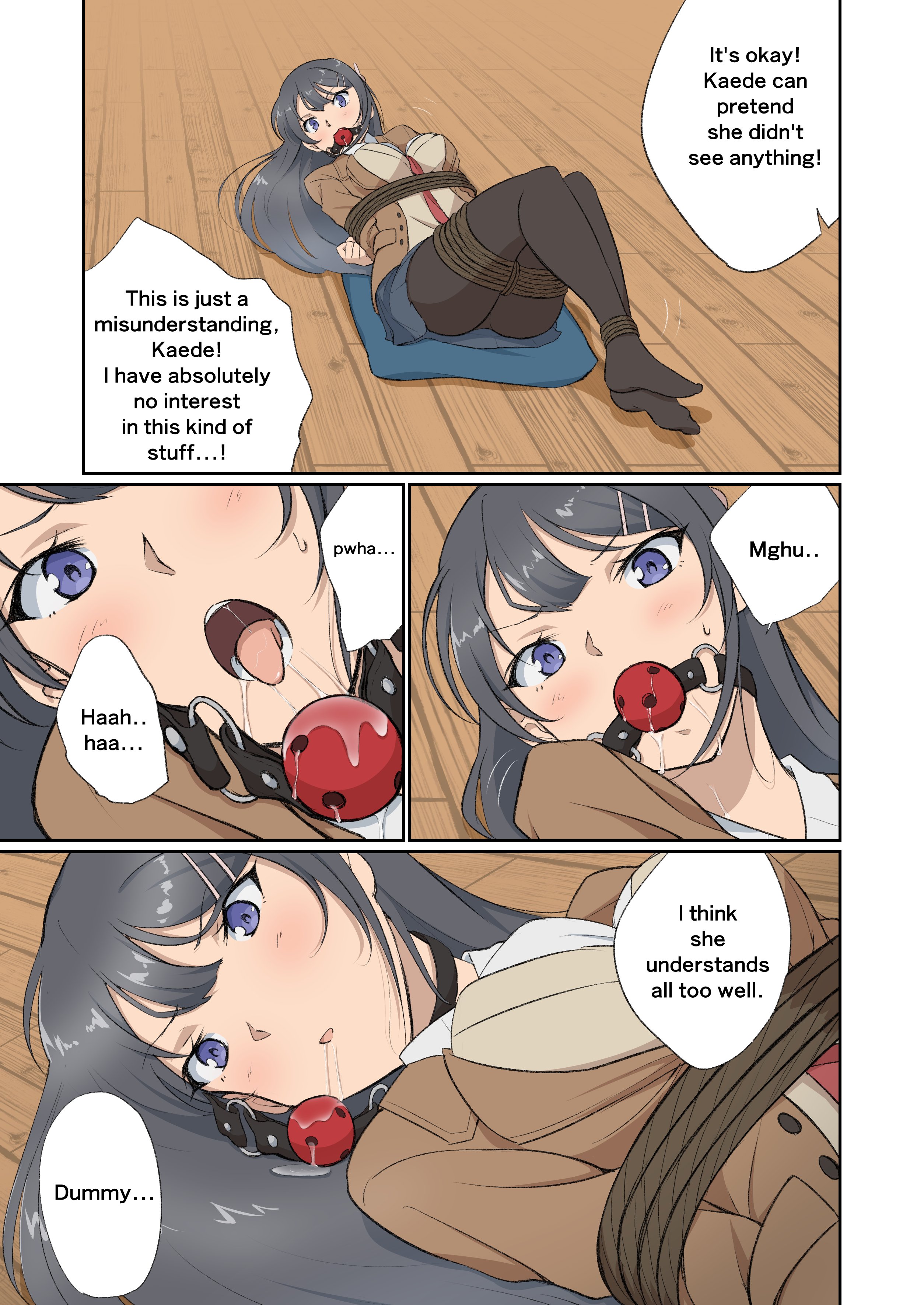1boy, 2girls, absurdres, arms behind back, azusagawa kaede, azusagawa sakuta, ball gag, between breasts, black hair, black pantyhose, blush, bondage, book, bound, bound ankles, bound arms, bound legs, bound thighs, bound torso, breasts, comic, cosplay, drooling, english text, female, female focus, frogtie, gag, gagged, highres, indoors, jacket, kigurumi, kneeling, legs together, long hair, long sleeves, lying, lying on lap, male, medium breasts, misunderstanding, multiple females, multiple girls, necktie, necktie between breasts, no shoes, on back, on cushion, on floor, open clothes, open jacket, open mouth, pantyhose, photo (object), pleated skirt, purple eyes, rope, sakurajima mai, saliva, saliva puddle, saliva trail, school uniform, seishun buta yarou wa bunny girl senpai no yume wo minai, shibari over clothes, shirt, simple background, skirt, solo, speech bubble, straight, tamawwwwwwwww, tie, unworn gag, wiffle gag, wooden floor