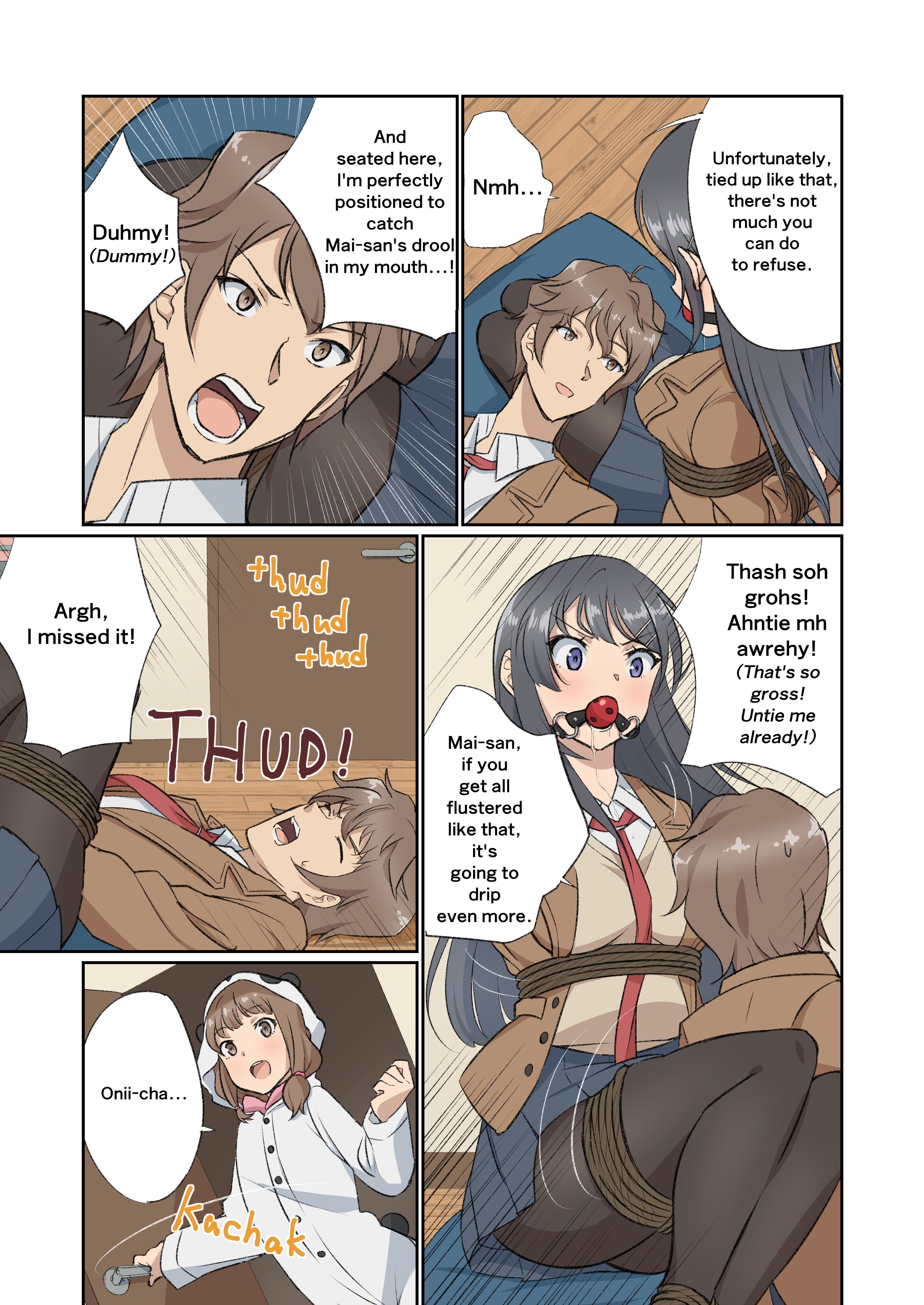 1boy, 2girls, absurdres, arms behind back, azusagawa kaede, azusagawa sakuta, ball gag, between breasts, black hair, black pantyhose, blush, bondage, book, bound, bound ankles, bound arms, bound legs, bound thighs, bound torso, breasts, comic, cosplay, drooling, english text, female, female focus, frogtie, gag, gagged, highres, indoors, jacket, kigurumi, kneeling, legs together, long hair, long sleeves, lying, lying on lap, male, medium breasts, misunderstanding, multiple females, multiple girls, necktie, necktie between breasts, no shoes, on back, on cushion, on floor, open clothes, open jacket, open mouth, pantyhose, photo (object), pleated skirt, purple eyes, rope, sakurajima mai, saliva, saliva puddle, saliva trail, school uniform, seishun buta yarou wa bunny girl senpai no yume wo minai, shibari over clothes, shirt, simple background, skirt, solo, speech bubble, straight, tamawwwwwwwww, tie, unworn gag, wiffle gag, wooden floor