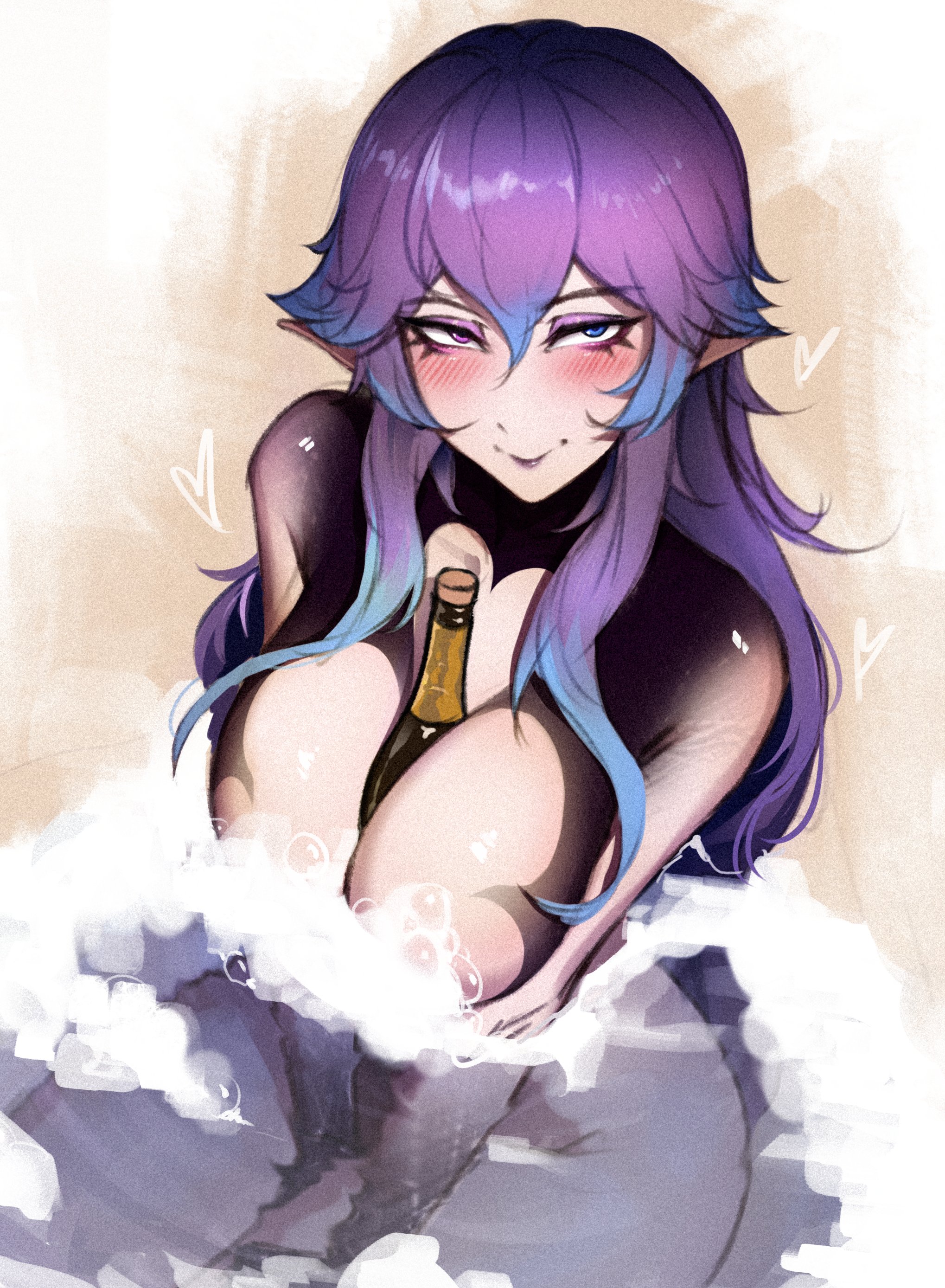 1girls, blue eyes, blue hair, breasts, champagne, champagne bottle, cottontail (vtuber), eyeshadow, female, female only, heterochromia, indie virtual youtuber, jotmanlol, long hair, makeup, multicolored hair, object between breasts, purple eyes, purple hair, smile, solo, virtual youtuber