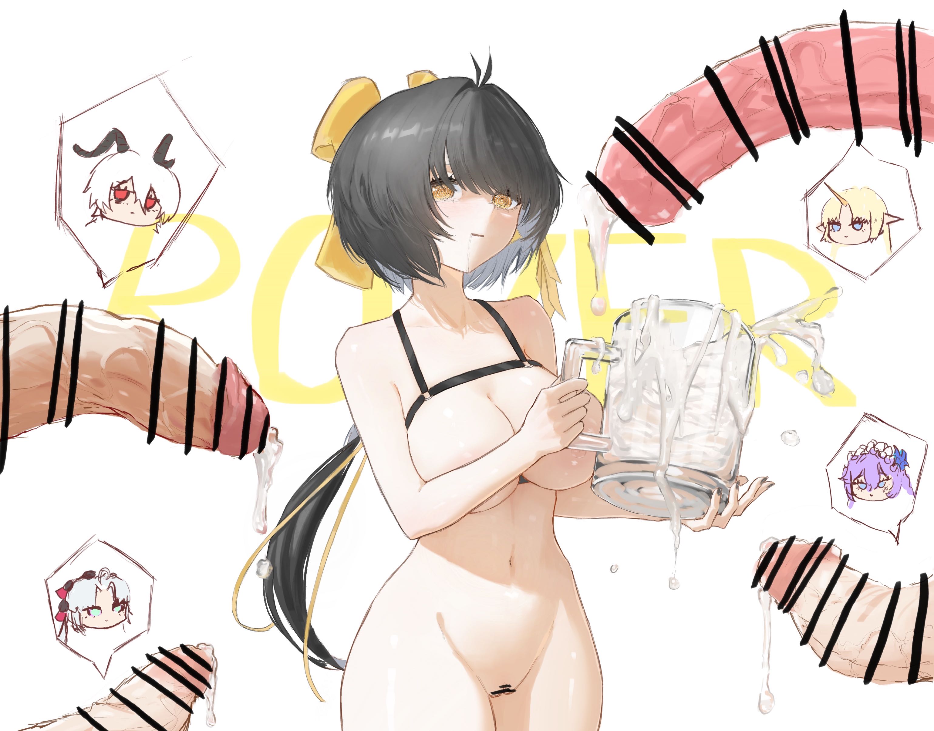 1girls, 4futas, cantarella (wuthering waves), carlotta (wuthering waves), censored, cum, cuora, cup, drooling, female, female focus, female rover (wuthering waves), fleurdelys (wuthering waves), futa with female, futanari, holding object, implied futa, intersex, offscreen character, rover (wuthering waves), wuthering waves, zani (wuthering waves)