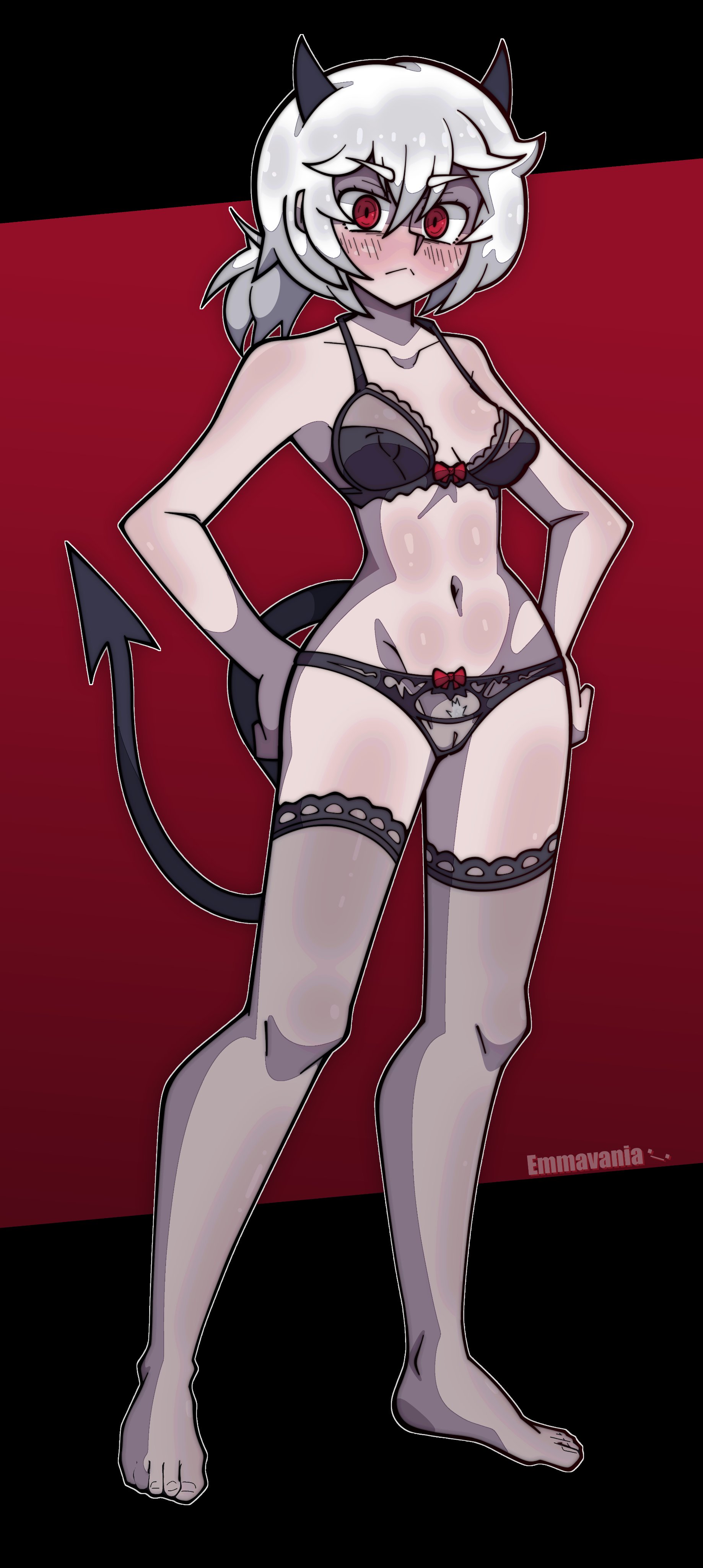 boo15 emma, curvaceous, curvaceous female, curvaceous figure, curvy, curvy figure, curvy hips, demon, demon girl, demon tail, emmavania, female, female focus, female only, helltaker, lenceria, lencerie, lingerie, looking at viewer, malina (helltaker), ponytail, red eyes, short hair, white hair