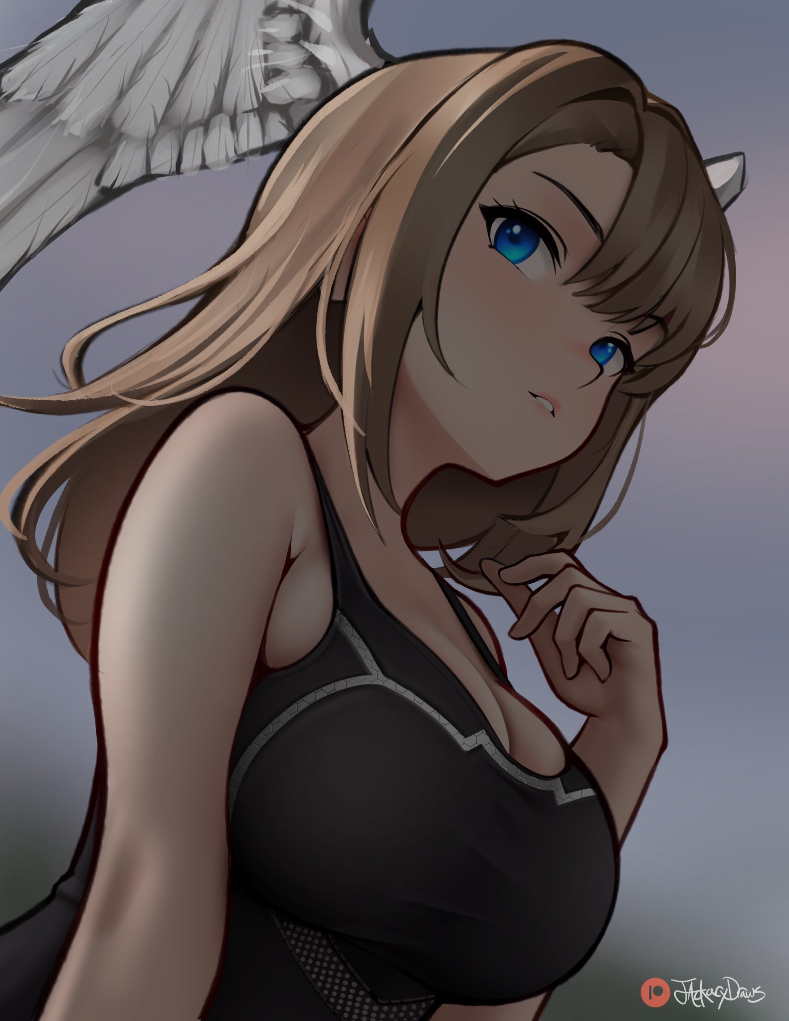 5 fingers, bare shoulders, black shirt, black swimsuit, blue eyes, breast support, breasts, brown hair, busty, cleavage, clothed, clothed female, clothing, cobalt eyes, commentary, elbowpits, elbows, eunie (xenoblade), feathered wings, female, female only, fingers, head wings, highres, inner hair, jackary, jackary draws, large breasts, light skin, light-skinned female, lips, long hair, one-piece swimsuit, parted lips, perky breasts, petite, pink lips, sandy blonde hair, shirt, shoulders, signature, sleeveless, sleeveless shirt, small mouth, solo, swimsuit, upper body, white feathers, white wings, wings, xenoblade (series), xenoblade chronicles 3