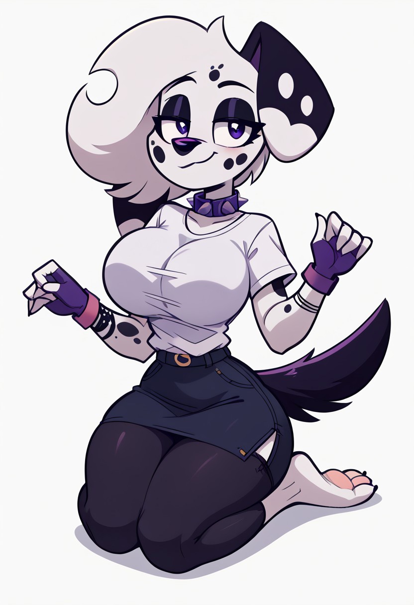 101_dalmatian_street 101_dalmatians ai_generated anthro black_tights canid canine canis dalmatian disney domestic_dog on_knees skirt tights vanny_(101_dalmatians) vanny_(whistlerarts29) white_shirt