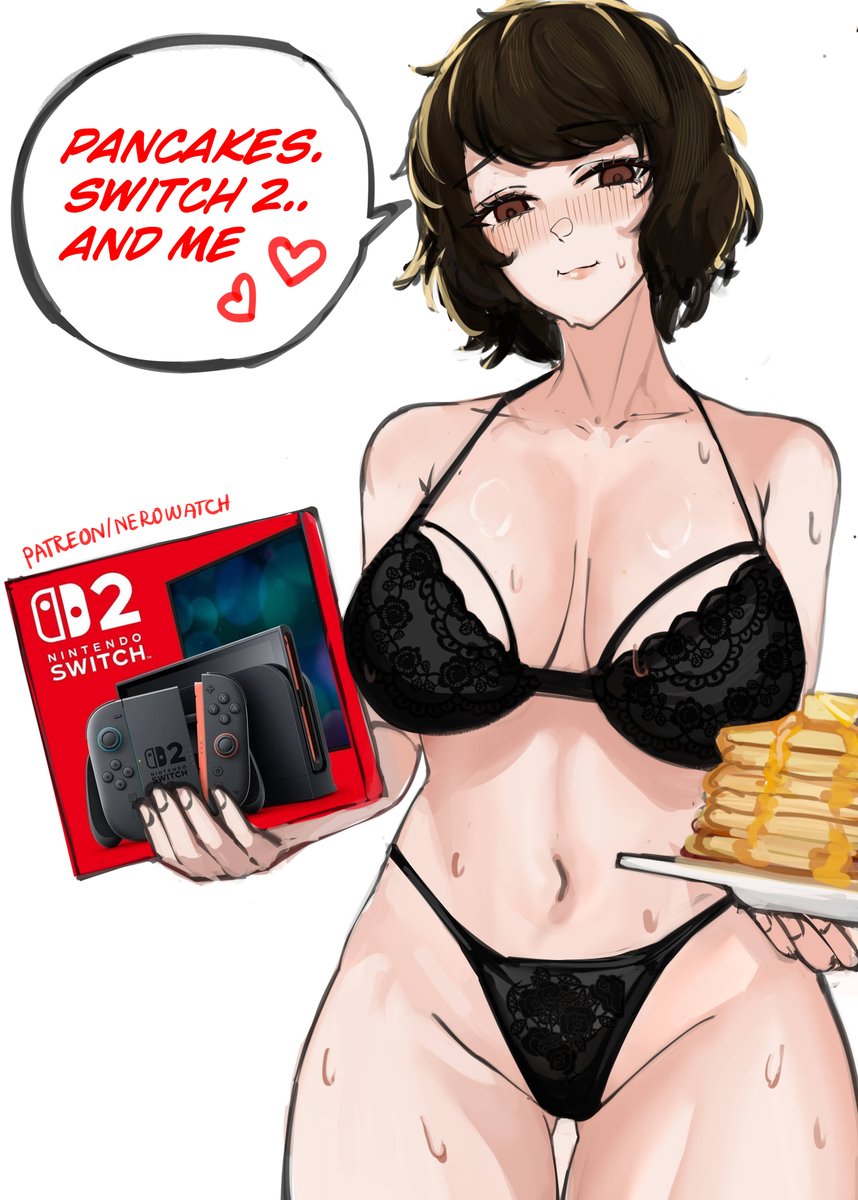 1girls, atlus, big breasts, black bra, black panties, blush, bra, breasts, brown eyes, brown hair, chocolate cake gameboy and me, cleavage, english, english text, female, female only, hair, holding object, holding plate, huge breasts, lace, lace trim, lace-trimmed bra, lace-trimmed panties, lingerie, mature, mature female, mature woman, nero watch, nintendo switch 2, pancake, panties, persona, persona 5, sadayo kawakami, short hair, solo, solo female, speech bubble, spoken heart, sweat, sweatdrop, text