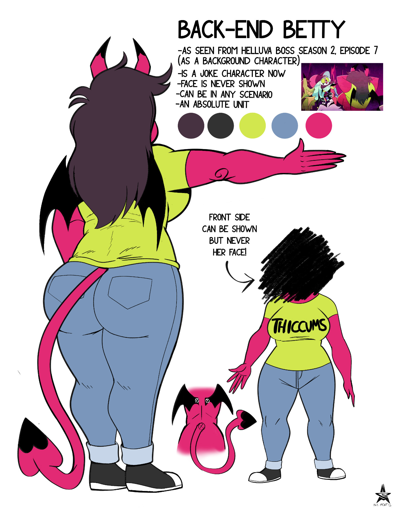 1boy, 1girls, 2025, 5 fingers, ass, back-end betty, background character, bat wings, bbw, big ass, big breasts, black hair, breasts, canonical scene, censored face, chubby, chubby female, demon, devil girl, faceless female, female, fizzarolli (helluva boss), flashing, flashing breasts, helluva boss, horns, imp, male, no bra, noncomposmentis, panties visible through clothing, plump, red body, red skin, reference, reference image, reference sheet, scene interpretation, screenshot insert, scribble censor, succubus, surprised, surprised expression, tagme, tail, wings