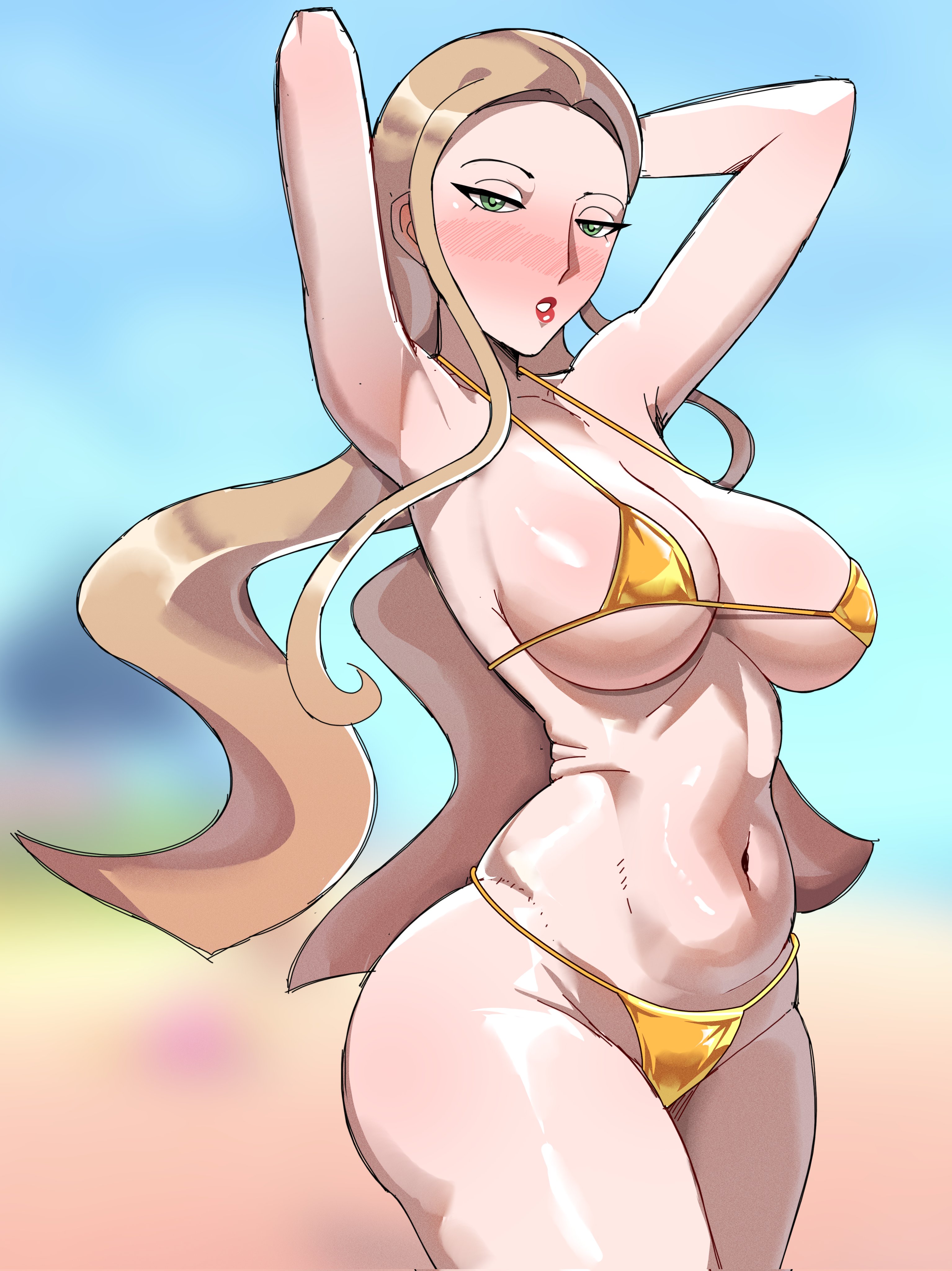 1girls, big breasts, bikini, bikini bottom, bikini top, blonde hair, blush, bottomwear, breasts, cleavage, female, female only, game freak, gold bikini, golden bikini, golden week, green eyes, hair, hands behind head, hips, huge breasts, incogumbrella, lips, lipstick, long hair, mature, mature female, mature woman, oleana (pokemon), pokemon, pokemon ss, solo, solo female, swimwear, thighs, topwear, wide hips