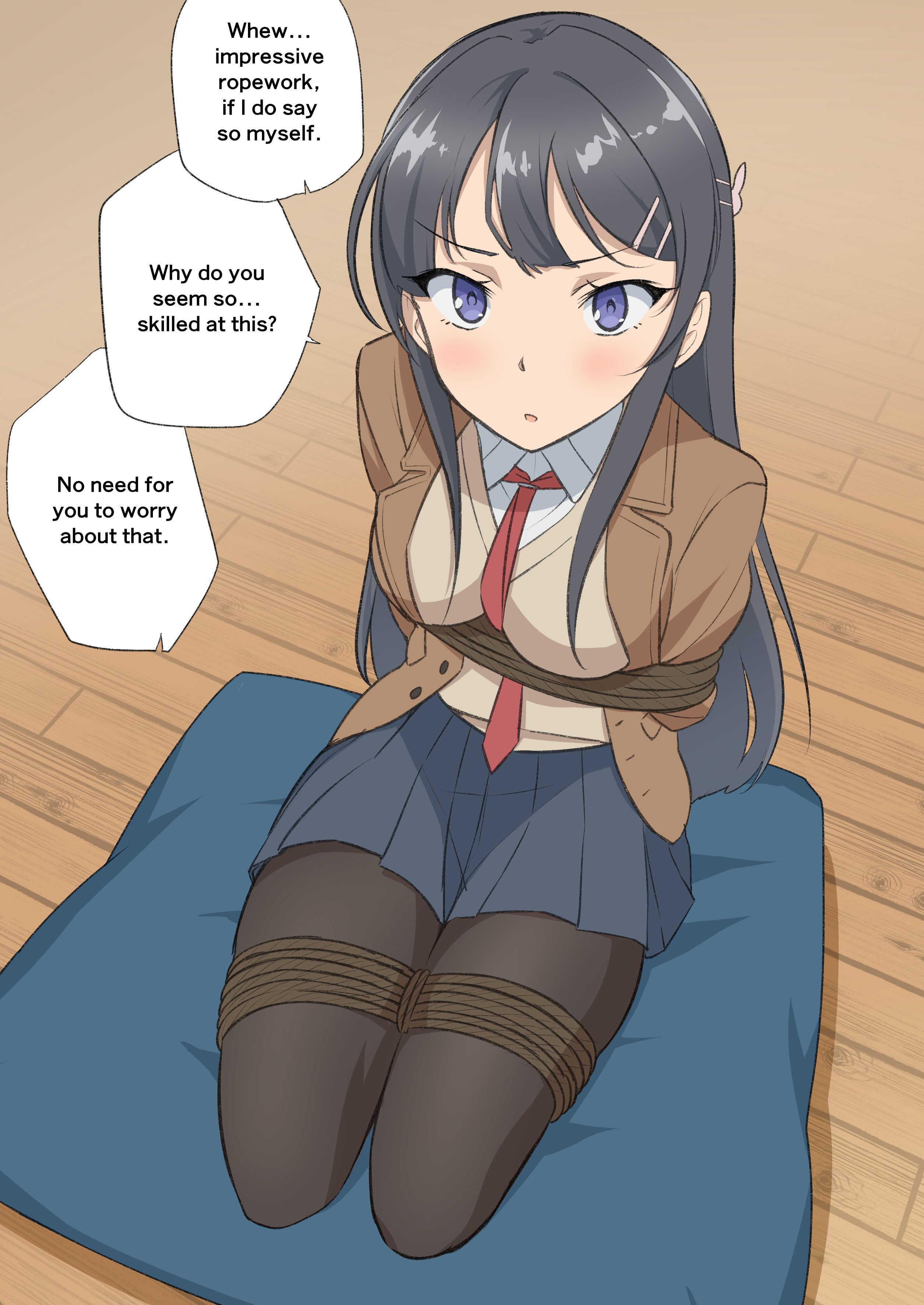 1boy, 2girls, absurdres, arms behind back, azusagawa kaede, azusagawa sakuta, ball gag, between breasts, black hair, black pantyhose, blush, bondage, book, bound, bound ankles, bound arms, bound legs, bound thighs, bound torso, breasts, comic, cosplay, drooling, english text, female, female focus, frogtie, gag, gagged, highres, indoors, jacket, kigurumi, kneeling, legs together, long hair, long sleeves, lying, lying on lap, male, medium breasts, misunderstanding, multiple females, multiple girls, necktie, necktie between breasts, no shoes, on back, on cushion, on floor, open clothes, open jacket, open mouth, pantyhose, photo (object), pleated skirt, purple eyes, rope, sakurajima mai, saliva, saliva puddle, saliva trail, school uniform, seishun buta yarou wa bunny girl senpai no yume wo minai, shibari over clothes, shirt, simple background, skirt, solo, speech bubble, straight, tamawwwwwwwww, tie, unworn gag, wiffle gag, wooden floor
