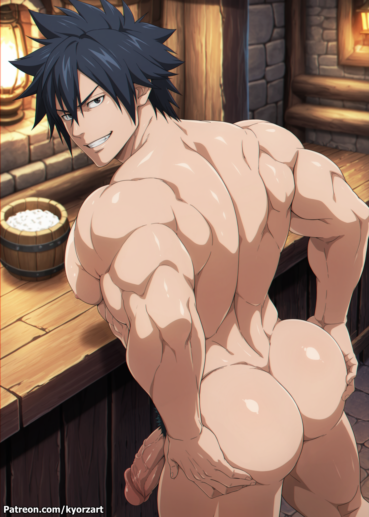 1boy, abs, ai, ai generated, ass, ass focus, ass grab, balls, bara, big ass, big balls, big butt, big chest, big muscles, big penis, cum, fairy tail, gay, gray fullbuster, kyorzart, male, male only, muscles, muscular, muscular male, penis, public, solo, veiny, veiny penis, yaoi