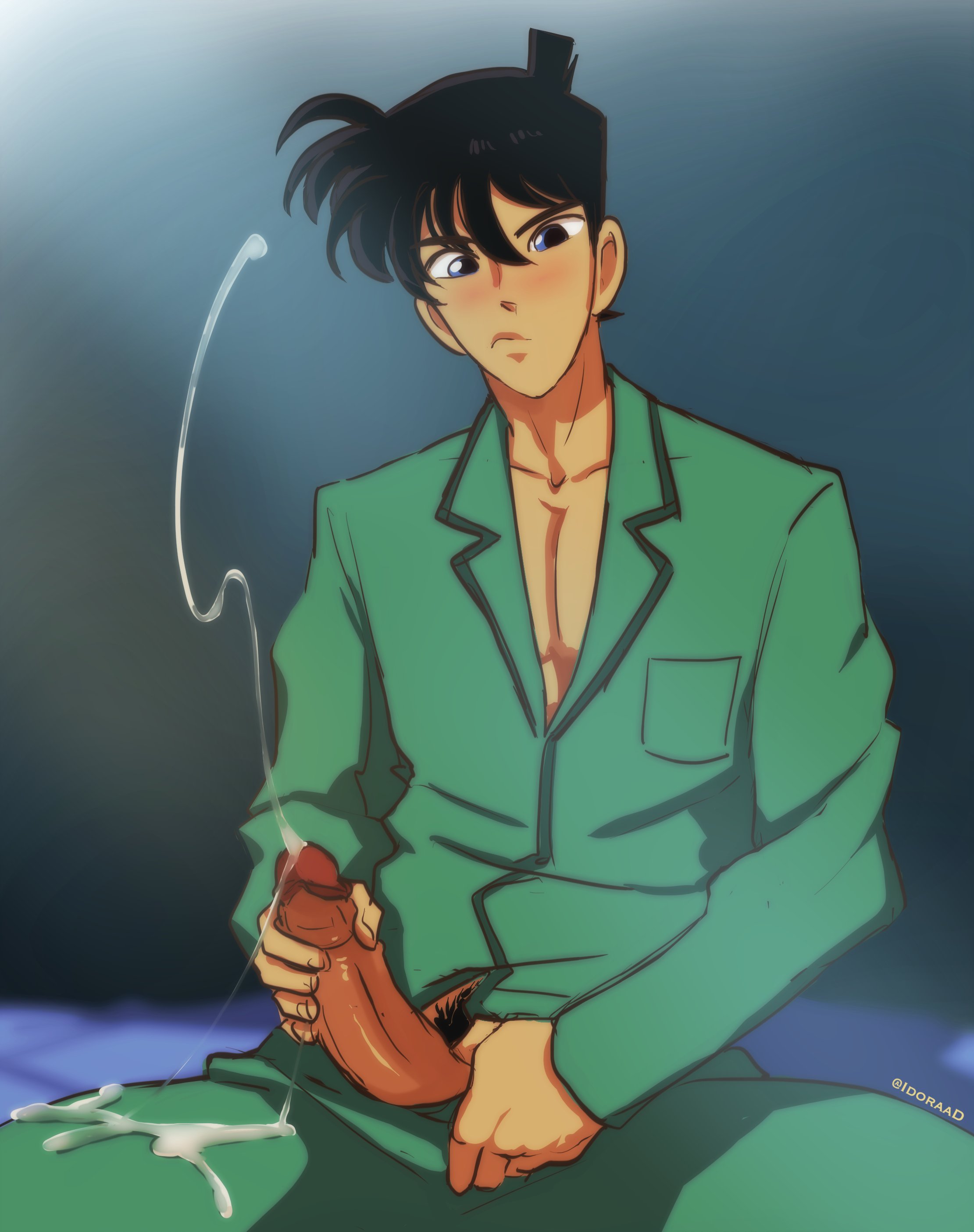 blush, cleavage, clothed, cum drip, cum dripping, cum in air, cum leaking, cum on clothes, cumshot, detective conan, gay, gay male, grabbing dick, grabbing penis, idoraad, lilprincyvi, male, male focus, male only, masturbating, masturbation, orgasm, penis, penis through clothing, pulling down pants, pulling pants down, pyjamas, shinichi kudo, solo, solo male, yaoi