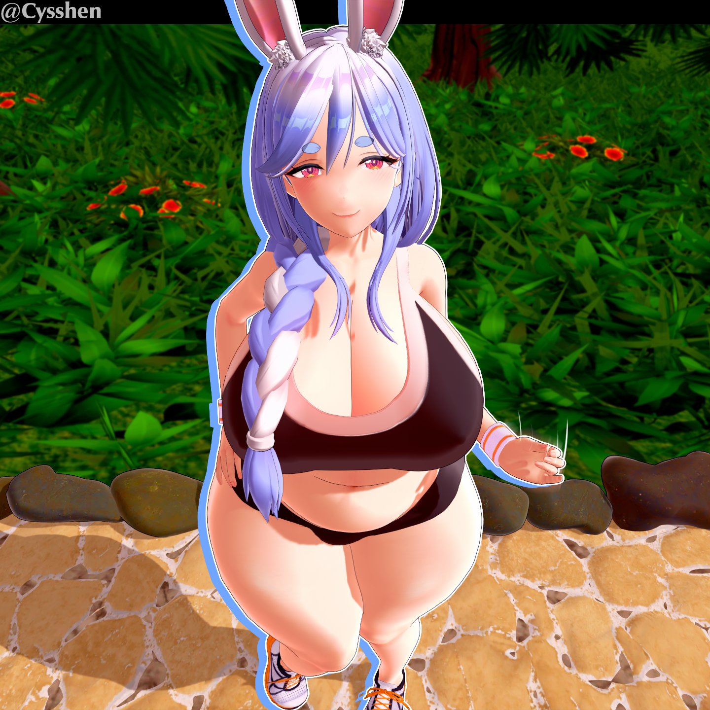 1girls, 3d, animal ears, armwear, big breasts, blue hair, bottomwear, braid, braided hair, breasts, bunny ears, cleavage, cyshen, female, female only, footwear, gesture, hair, hand on hip, handjob gesture, hololive, huge breasts, koikatsu, looking at viewer, mature, mature female, mature woman, milf, mother, motion lines, pekomama, red eyes, sexually suggestive, shoes, solo, solo female, sports bra, sports uniform, sportswear, thick thighs, thighs, topwear, virtual youtuber