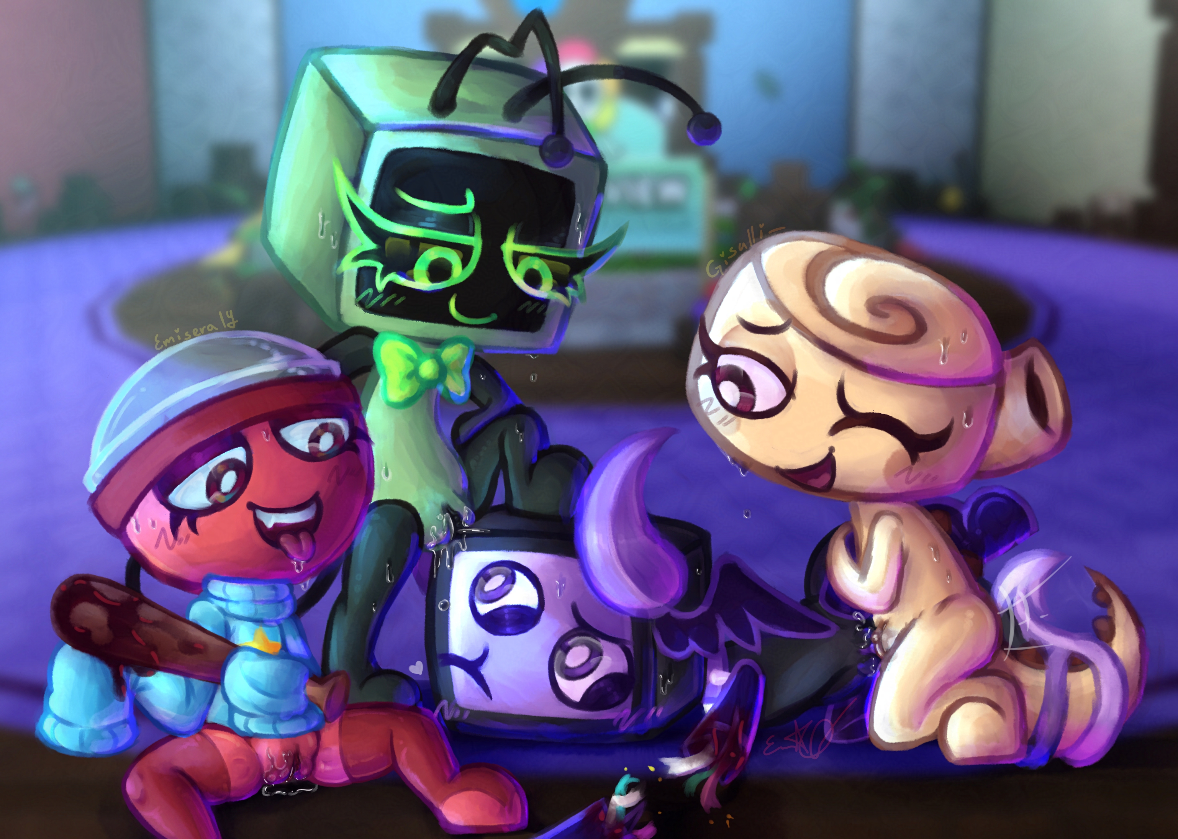 amputation, amputee, artist self-insert, blush, bodily fluids, cuntboy, cuntboy sans balls, dandy's world, dub con, dubcon, fan character, female, genital fluids, genitals, gigi (dandy's world), gisulli, herm, hermaphrodite, intersex, male, maleherm, multi genitalia, necklace, non-human, penis, pussy, rubber, self insert, shelly (dandy's world), sweat, tongue, tongue out, vaginal fluids, vaginal fluids drip, vaginal juices, vee (dandy's world), visible pussy, wet