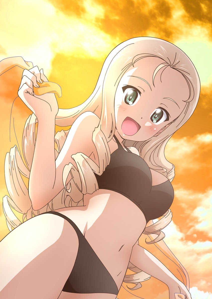 beach, big breasts, bikini, breasts, female, girls und panzer, marie (girls und panzer), sunset