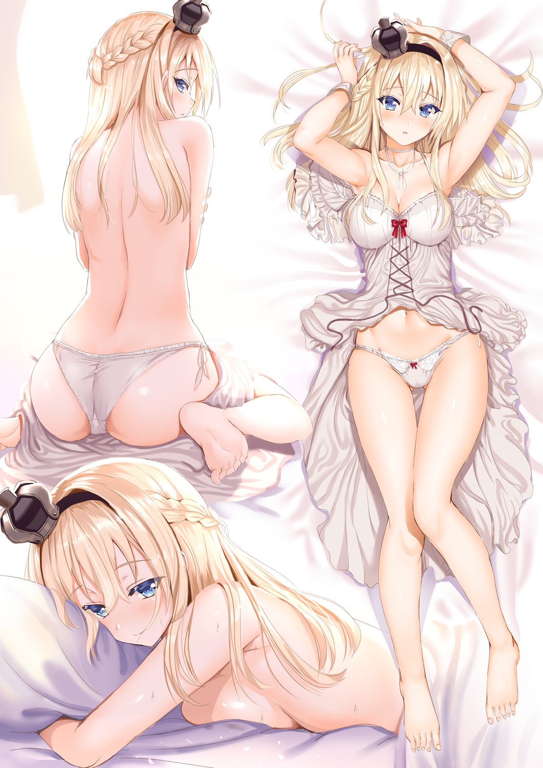 1girls, aldehyde, armpits, arms up, ass, back, barefoot, blonde hair, blue eyes, blush, bow, braid, breast press, breasts, clothed, collage, crown, dress, elegant, eyelashes, feet, female, from above, highres, kantai collection, legs, long hair, looking at viewer, looking back, lying, on bed, panties, pillow, sitting, skirt lift, soles, sweat, tied hair, toes, topless, underwear, warspite (kantai collection), white dress, white panties